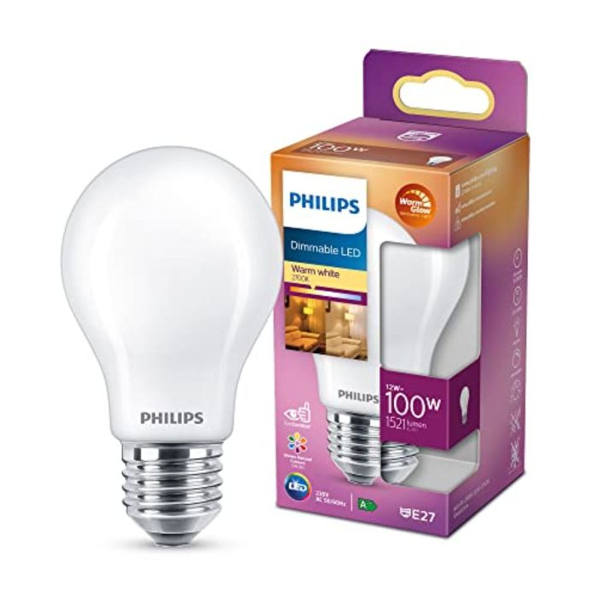 Philips LED Classic A60 Frosted Light Bulb WarmGlow Dimmable [E27 Edison Screw] 11.5W