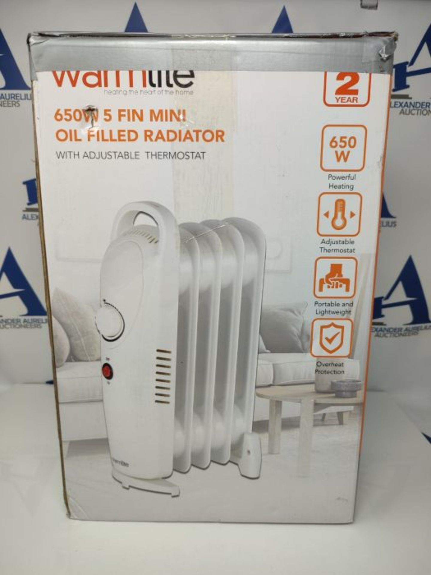 Warmlite WL43002YW 650W 5 Fin Oil Filled Radiator with Adjustable Thermostat and Overh