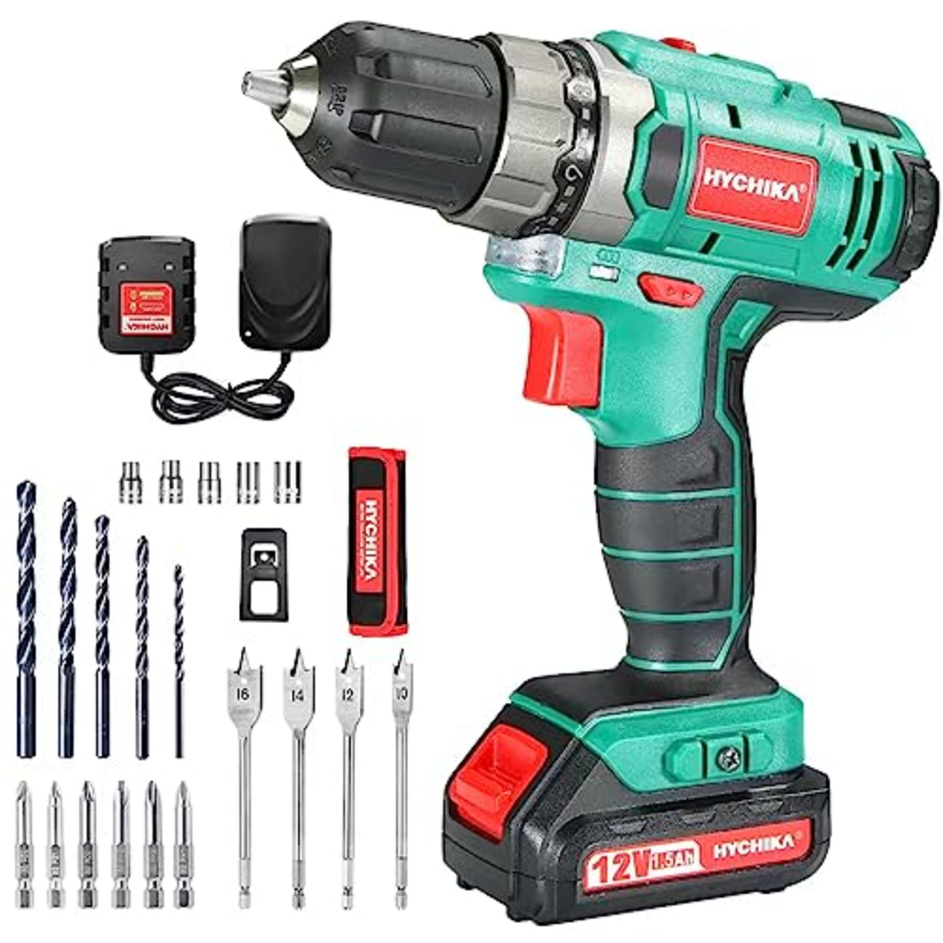 Cordless Drill 12V, HYCHIKA Electric Screwdriver 30N·m, 21+1 Torque, 2-Variable Speed