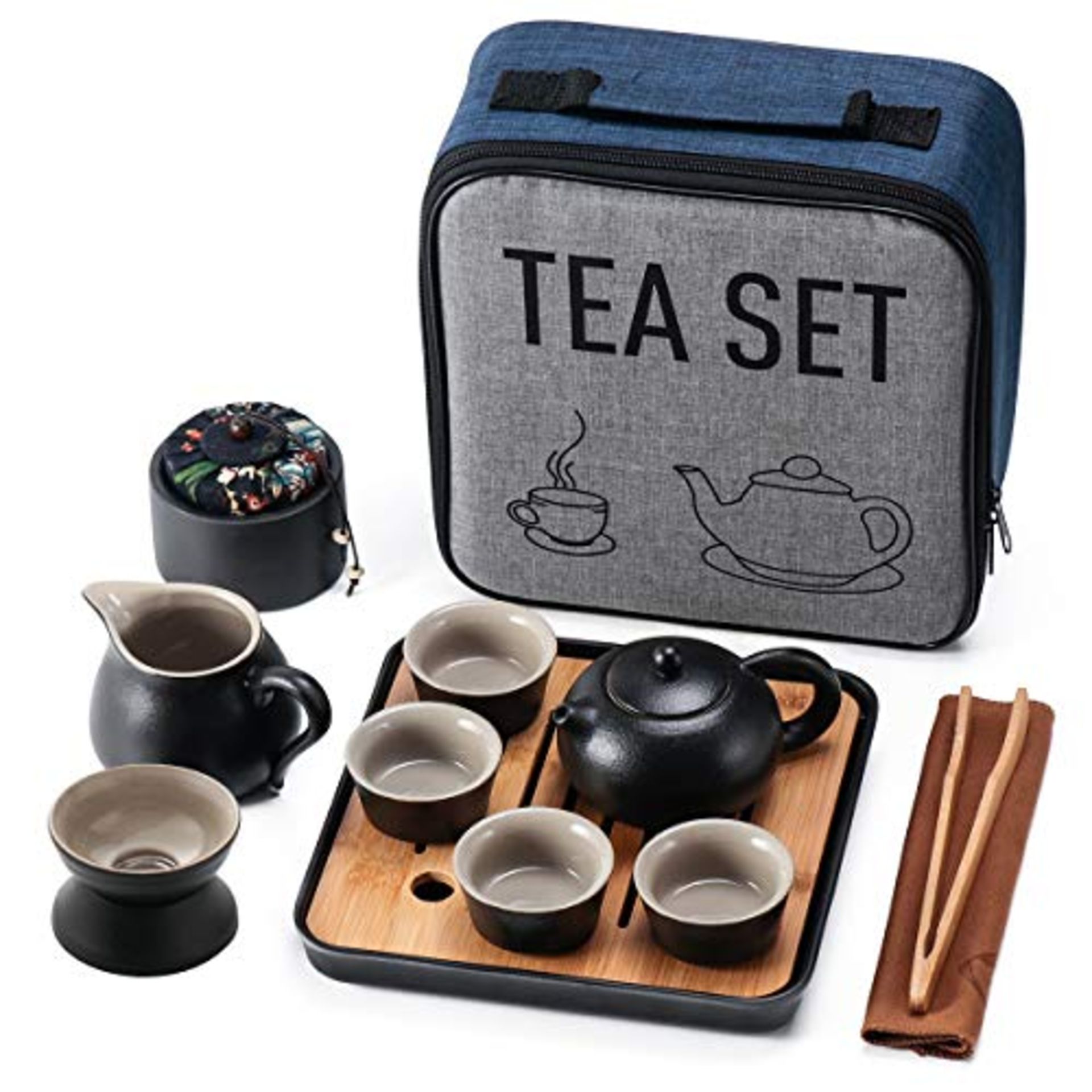 Travel Kung Fu Tea Pot Cup Set with Tray - Portable Chinese Ceramic Porcelain Teapot G
