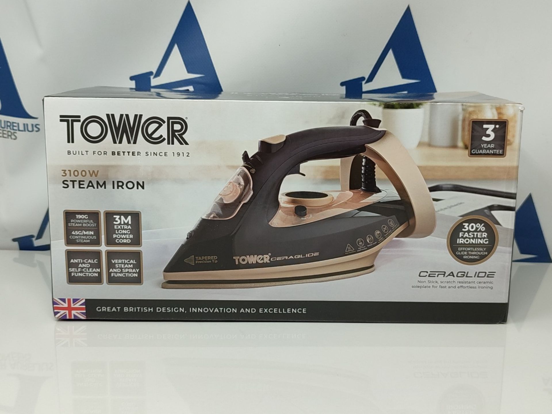 Tower T22021GLD Ceraglide Steam Iron with Fast Heat-Up, Extra Long 3 Metre Power Cord, - Image 9 of 10