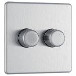 BG Electrical Screwless Flat Plate Double Dimmer Intelligent Light Switch, Brushed Ste