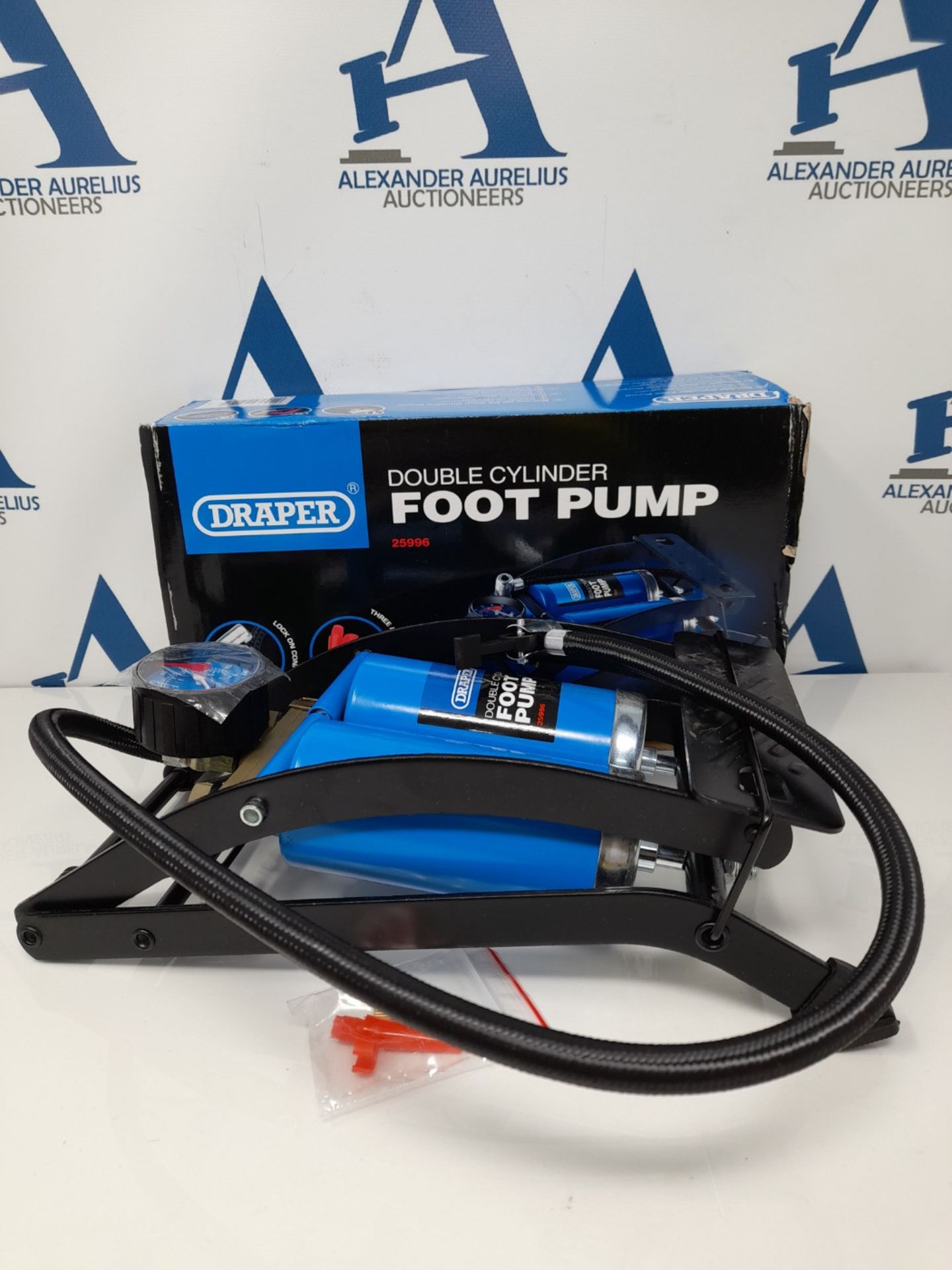 Draper Double-Cylinder Foot Pump with Pressure Gauge & Accessories - 25996 - Manual In