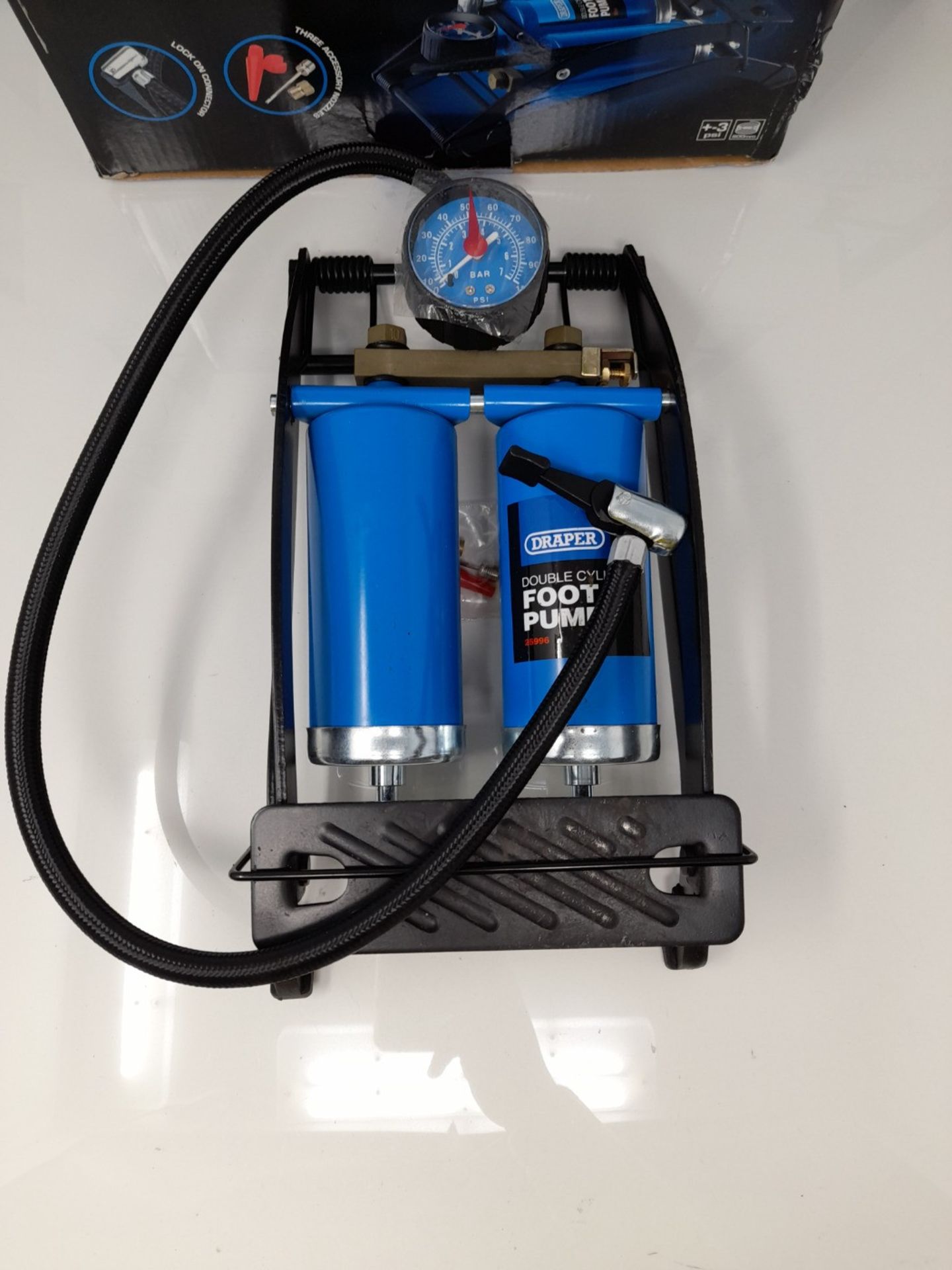 Draper Double-Cylinder Foot Pump with Pressure Gauge & Accessories - 25996 - Manual In - Image 2 of 2