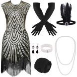 PLULON 1920s Sequin Beaded Fringed Flapper Dress with 20s Accessories Set