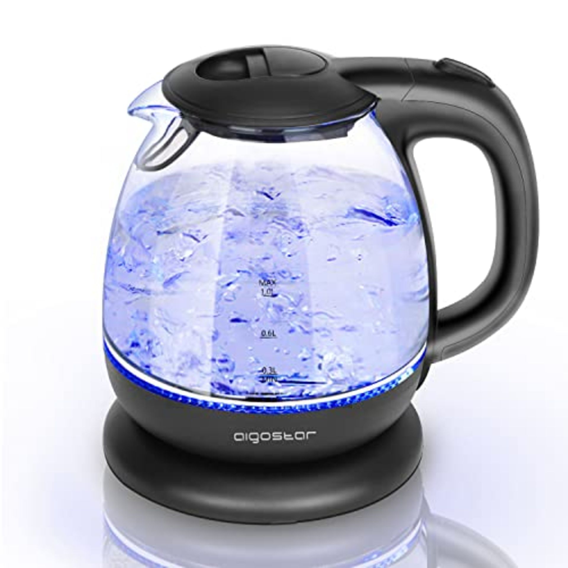 Aigostar Small Electric Kettle, 1.0L Black Glass Kettle Cordless, Compact Mini Clear W
