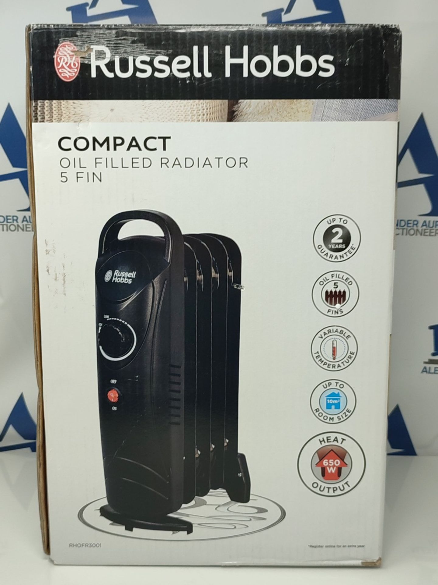 Russell Hobbs 650W Oil Filled Radiator, 5 Fin Portable Electric Heater - Black, Adjust - Image 3 of 3