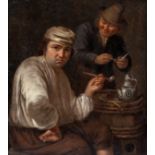 Flemish school, monogrammed M.W. or M.V.: Pipe smokers in an interior, oil on copper, ca. 1700