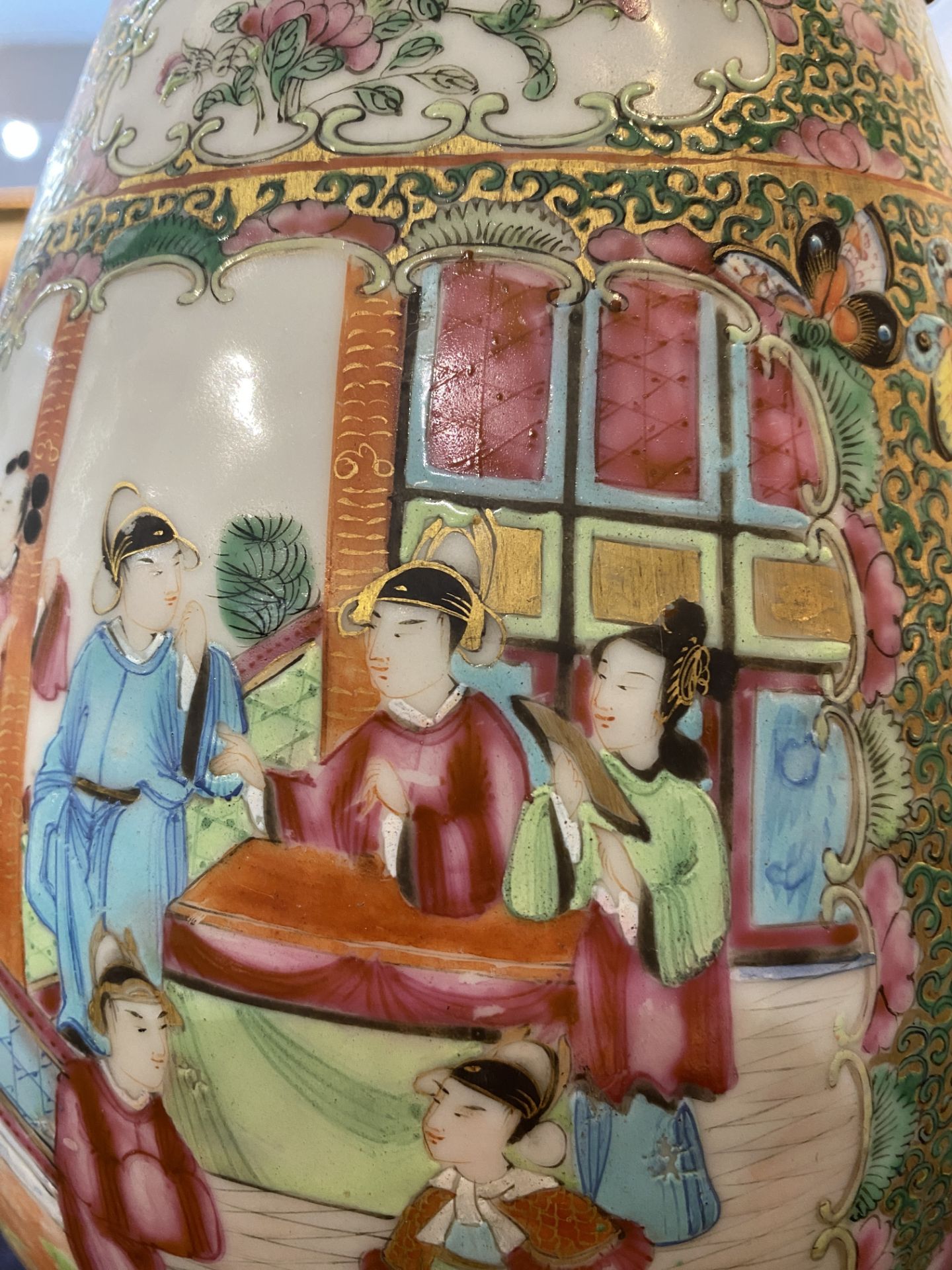 Two Chinese Canton famille rose vases with palace scenes and floral design mounted as lamps, 19th C. - Image 12 of 13