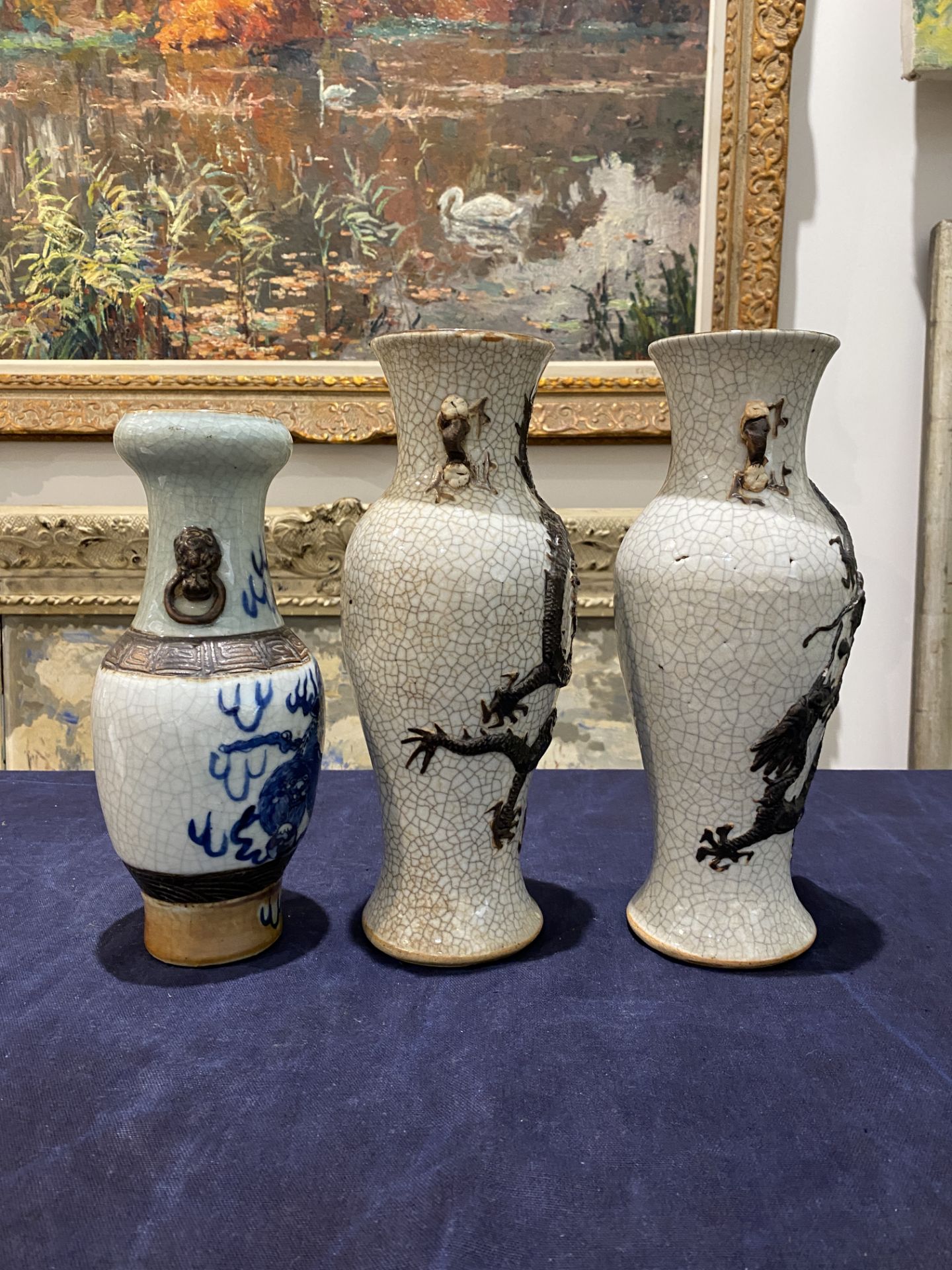 A pair of Chinese Nanking crackle glazed relief decorated 'dragon' vases and a blue and white 'Buddh - Image 11 of 16