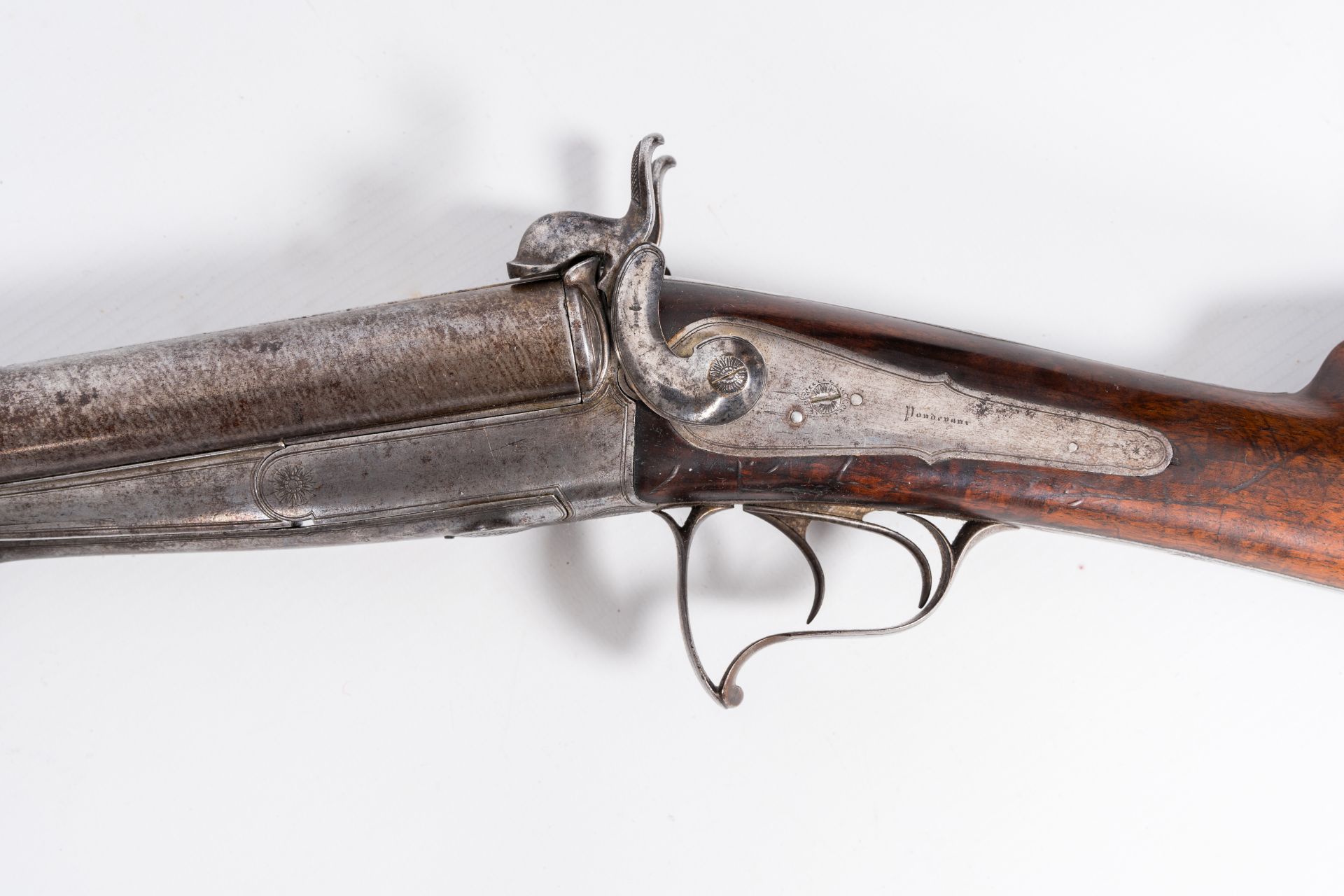 A French double barrel pinfire shotgun with a damask barrel, marked Pondevaux - St. Etienne, 19th C. - Image 5 of 6