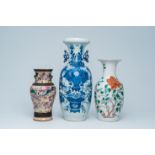 A Chinese blue and white 'antiquities' vase, a famille rose Nanking crackle glazed vase and a 'peoni