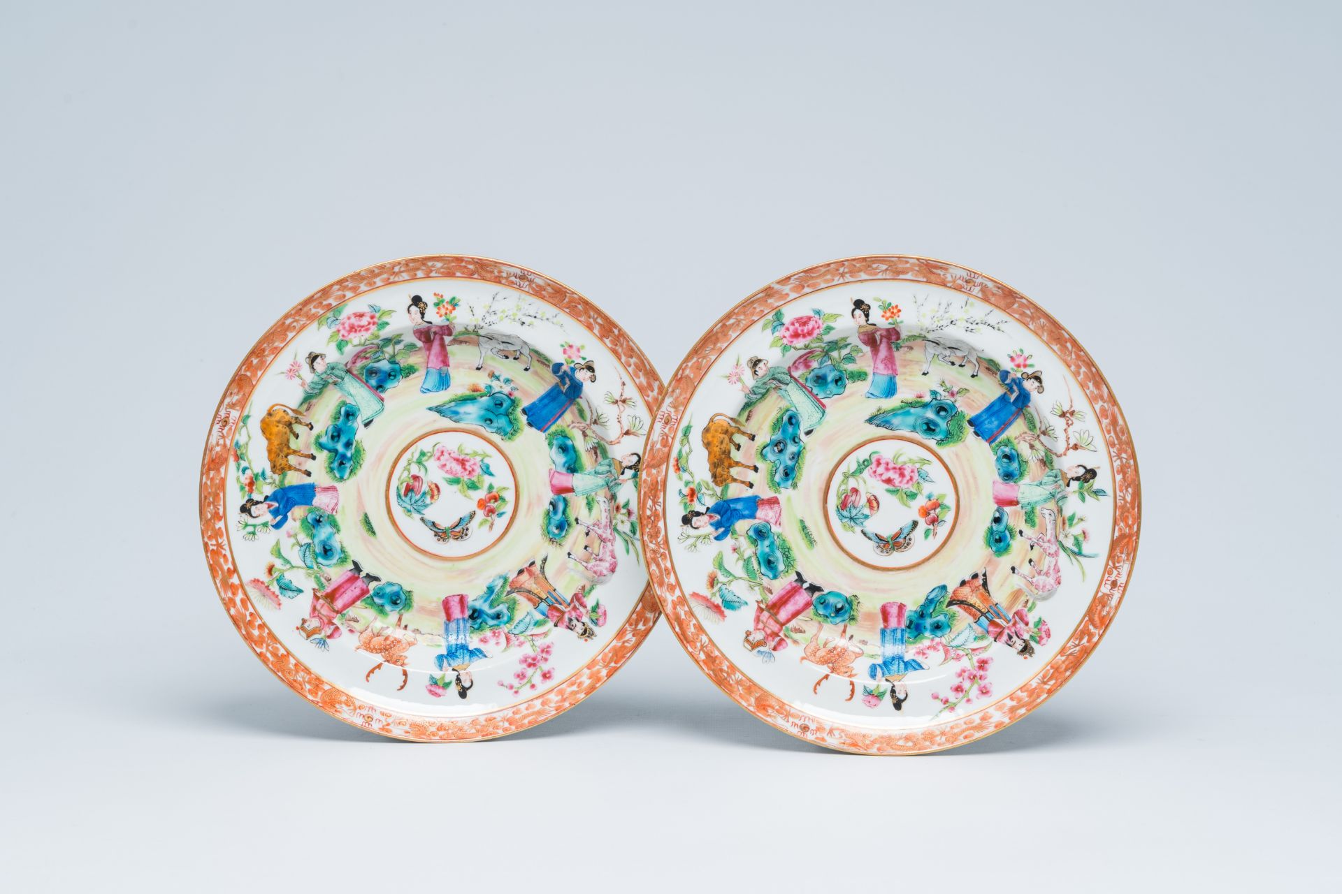 A pair of Chinese Canton famille rose 'Eight Immortals' dishes, 19th C.