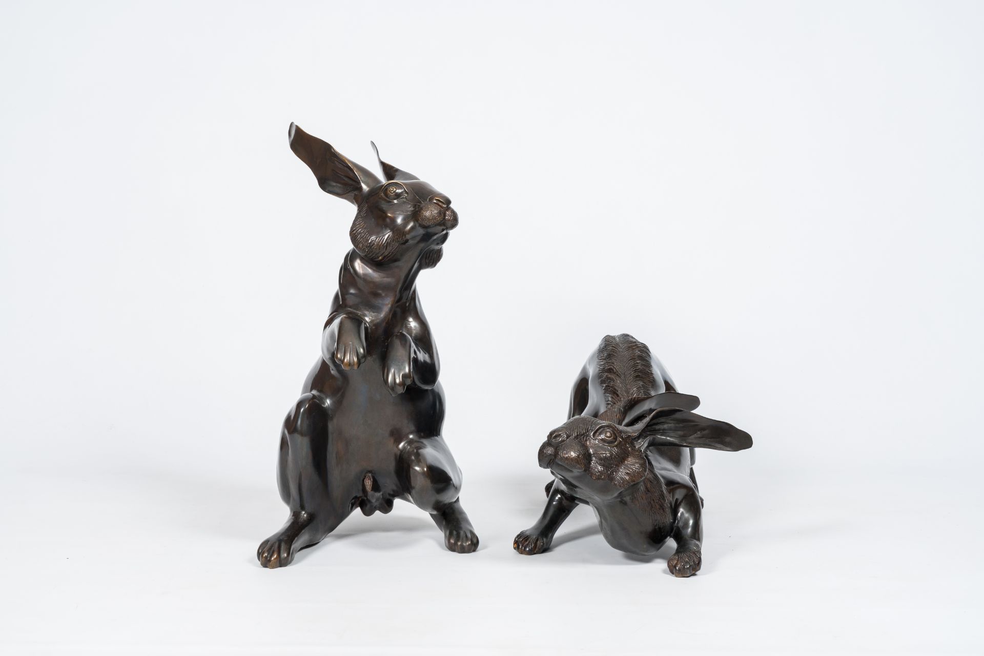 Two large Japanese patinated bronze okimono of a rabbit or usagi, 20th C. - Image 2 of 7