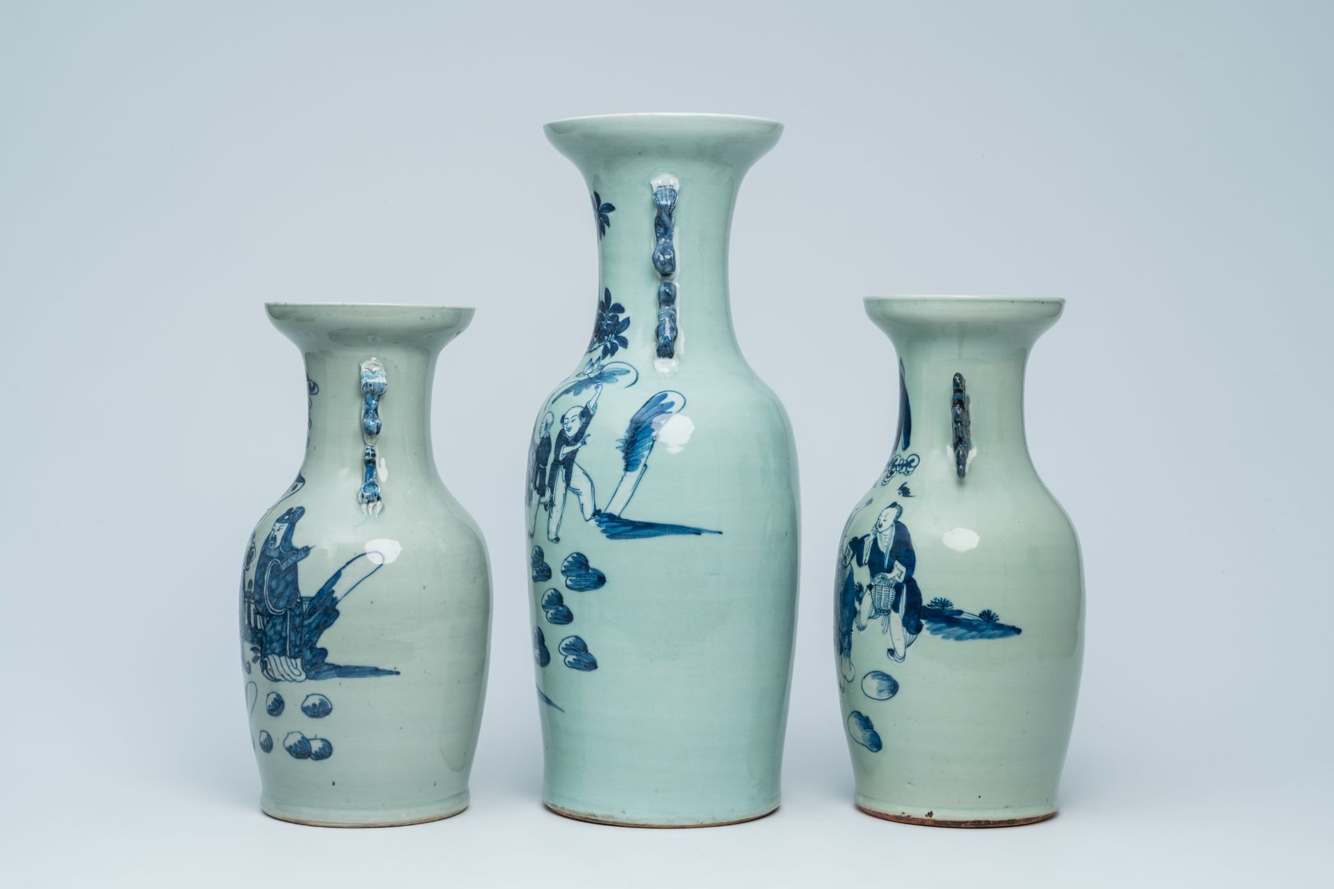 Three Chinese blue and white celadon ground vases with Immortals and their servants in a landscape, - Image 3 of 24