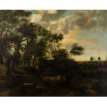 Flemish school: Landscape with farmers, oil on canvas, 18th C.