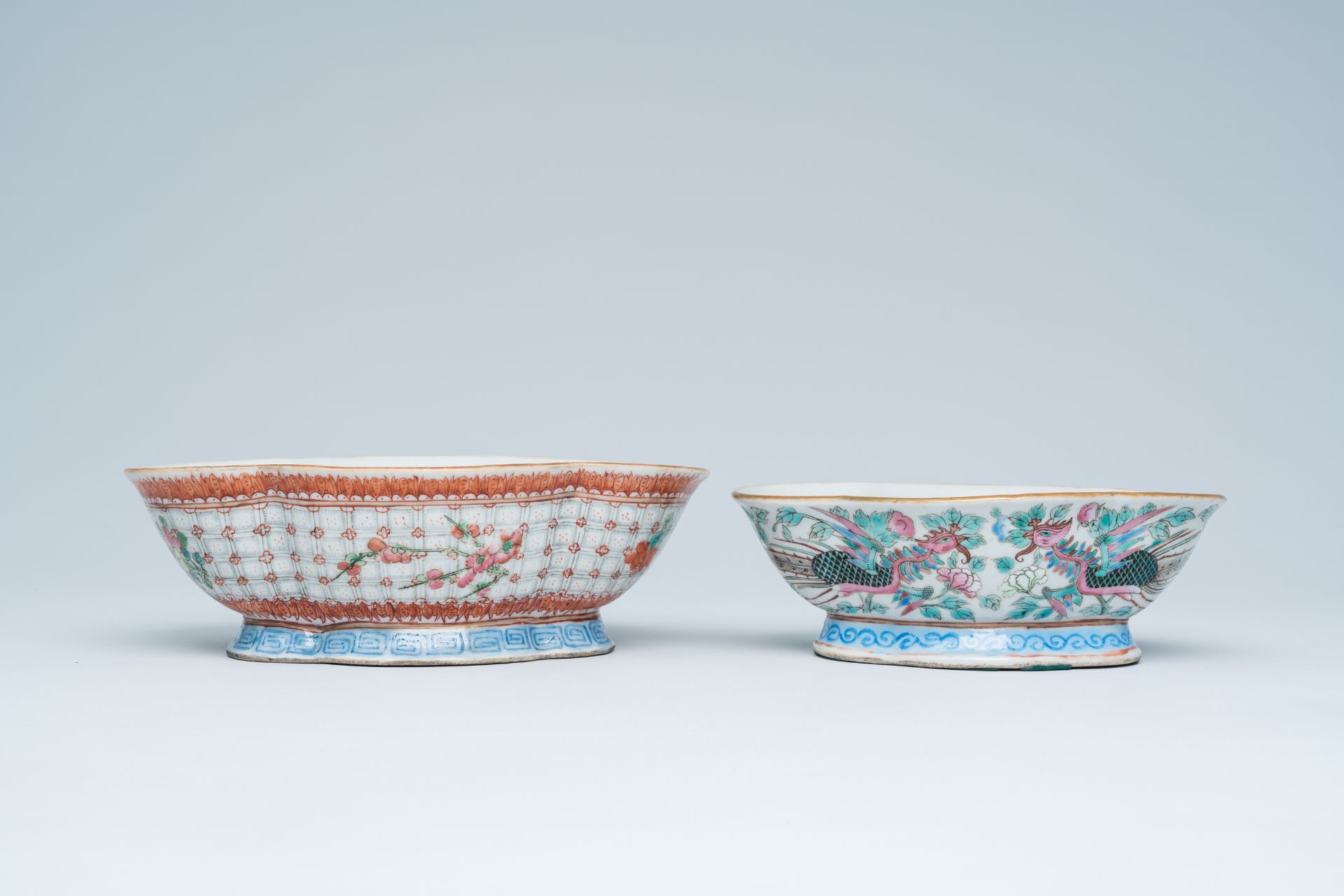 Two lobed Chinese famille rose bowls with phoenixes among blossoming branches and floral design, 19t - Image 4 of 16