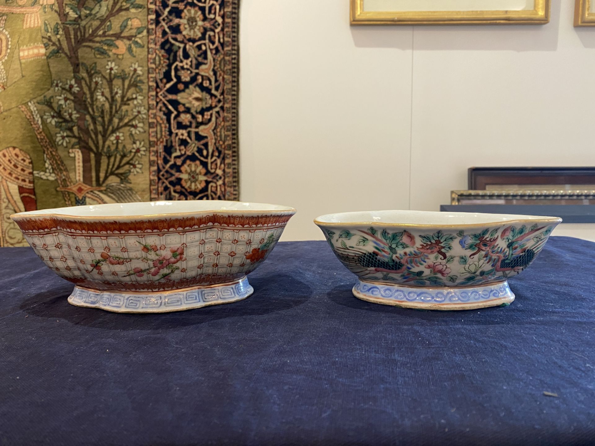 Two lobed Chinese famille rose bowls with phoenixes among blossoming branches and floral design, 19t - Image 11 of 16