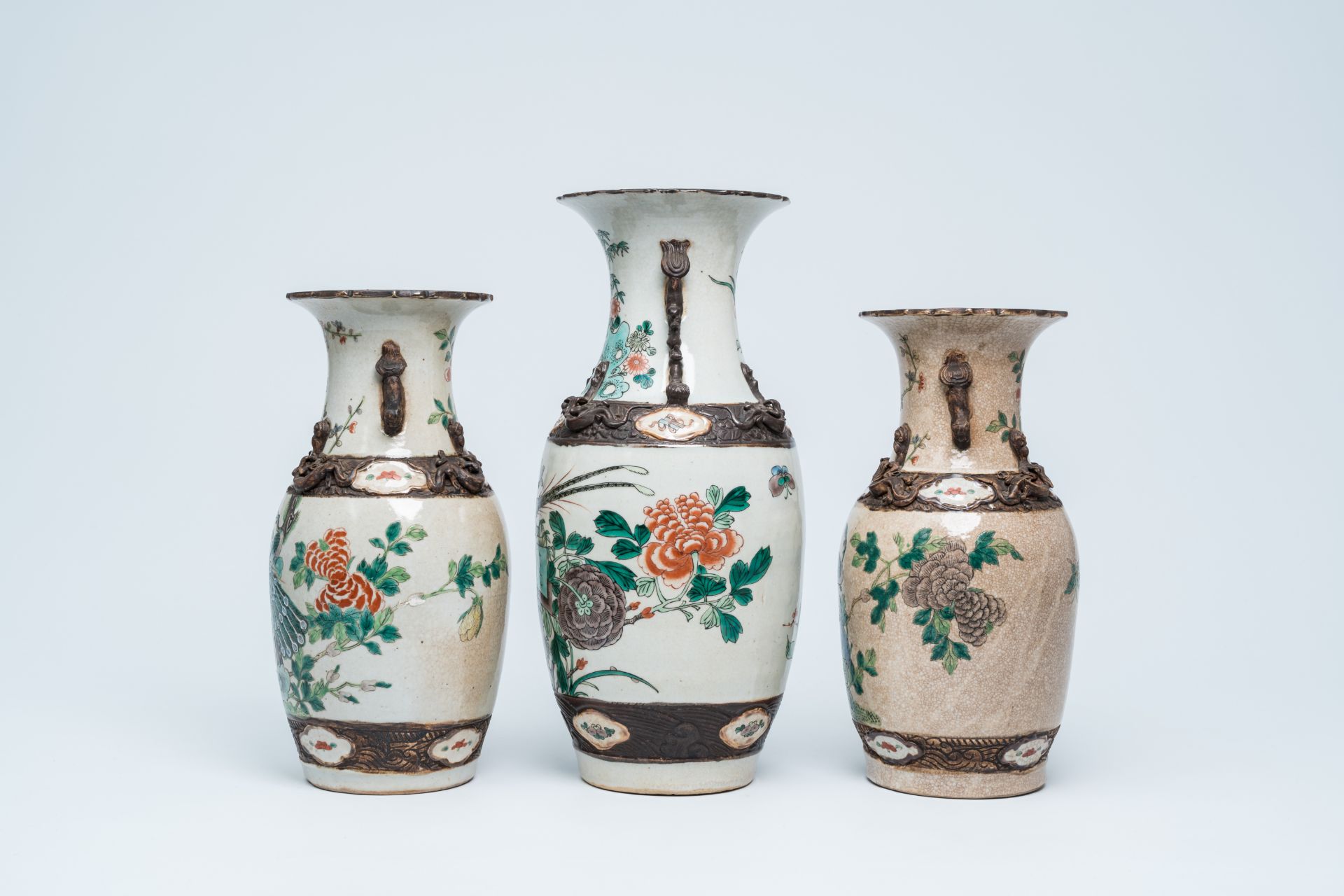 Three Chinese Nanking crackle glazed famille verte vases with birds among blossoming branches, 19th - Image 2 of 15
