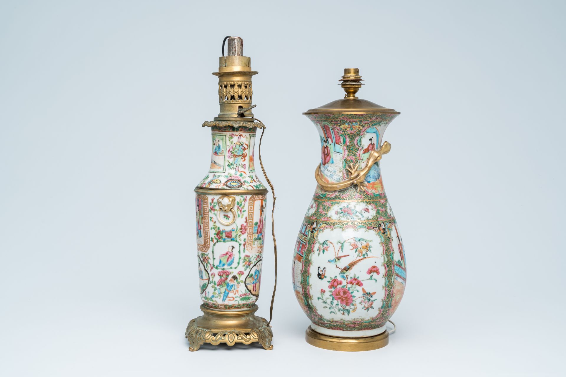Two Chinese Canton famille rose vases with palace scenes and floral design mounted as lamps, 19th C. - Image 2 of 13