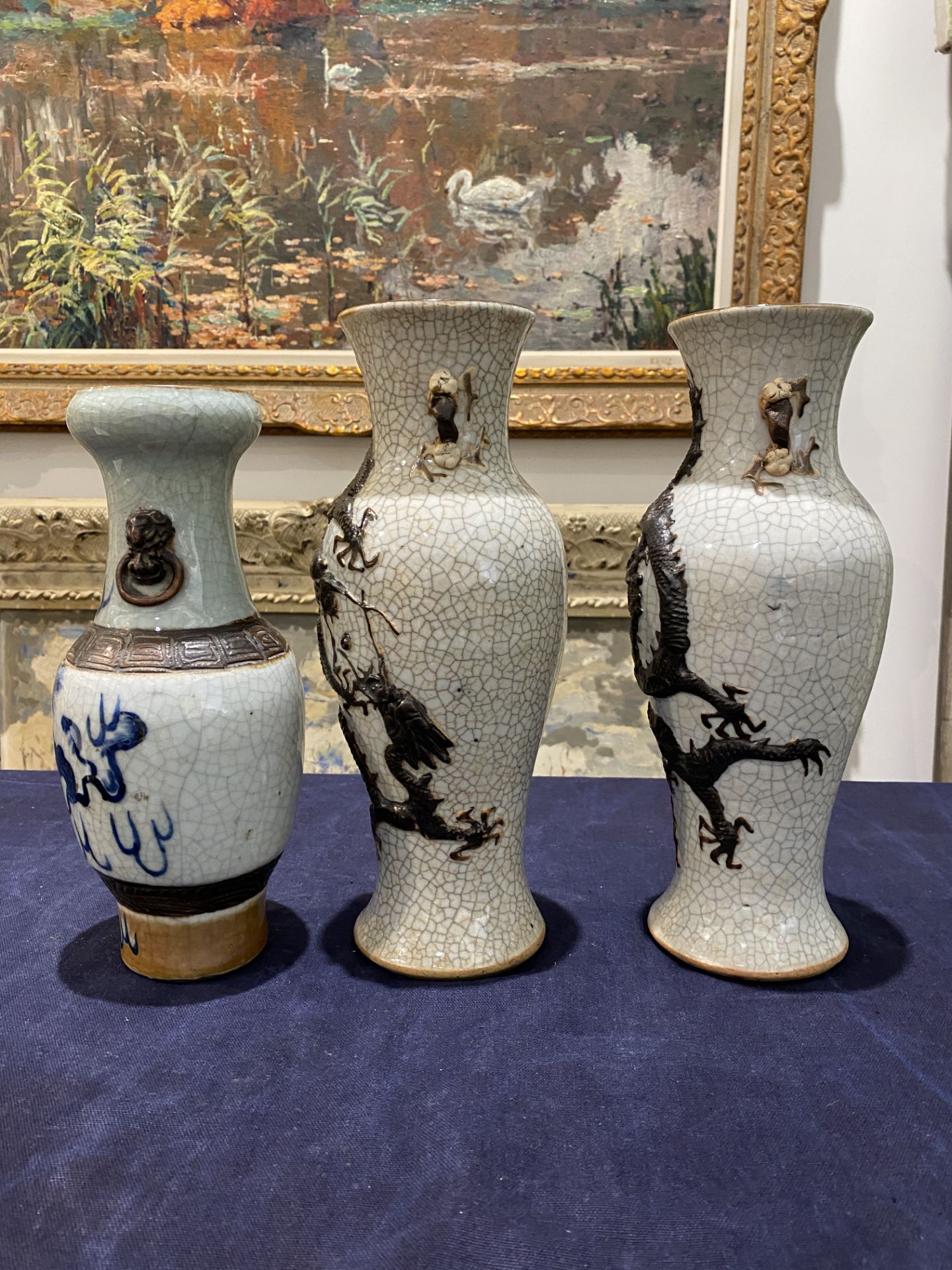 A pair of Chinese Nanking crackle glazed relief decorated 'dragon' vases and a blue and white 'Buddh - Image 9 of 16