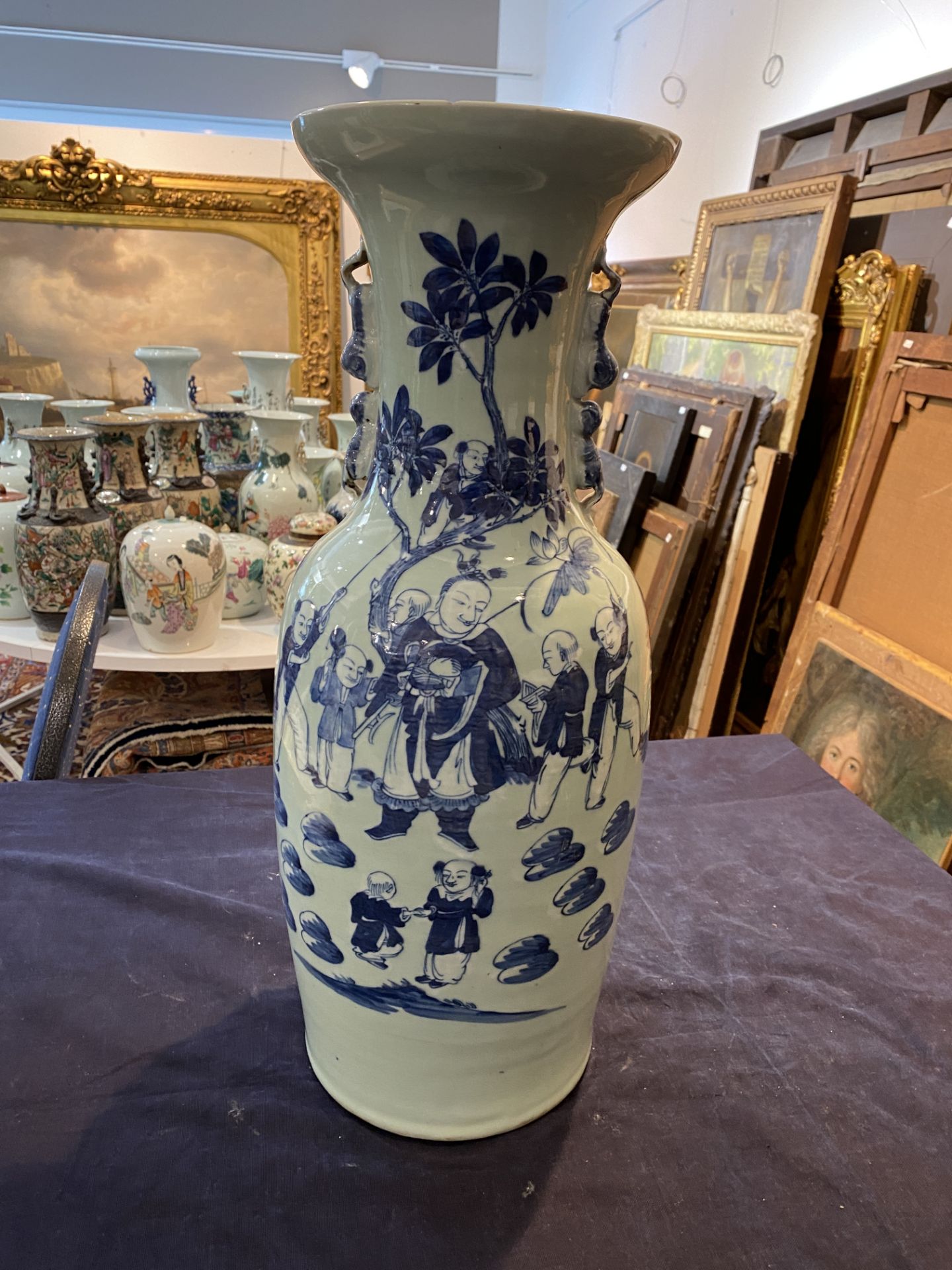 Three Chinese blue and white celadon ground vases with Immortals and their servants in a landscape, - Image 8 of 24