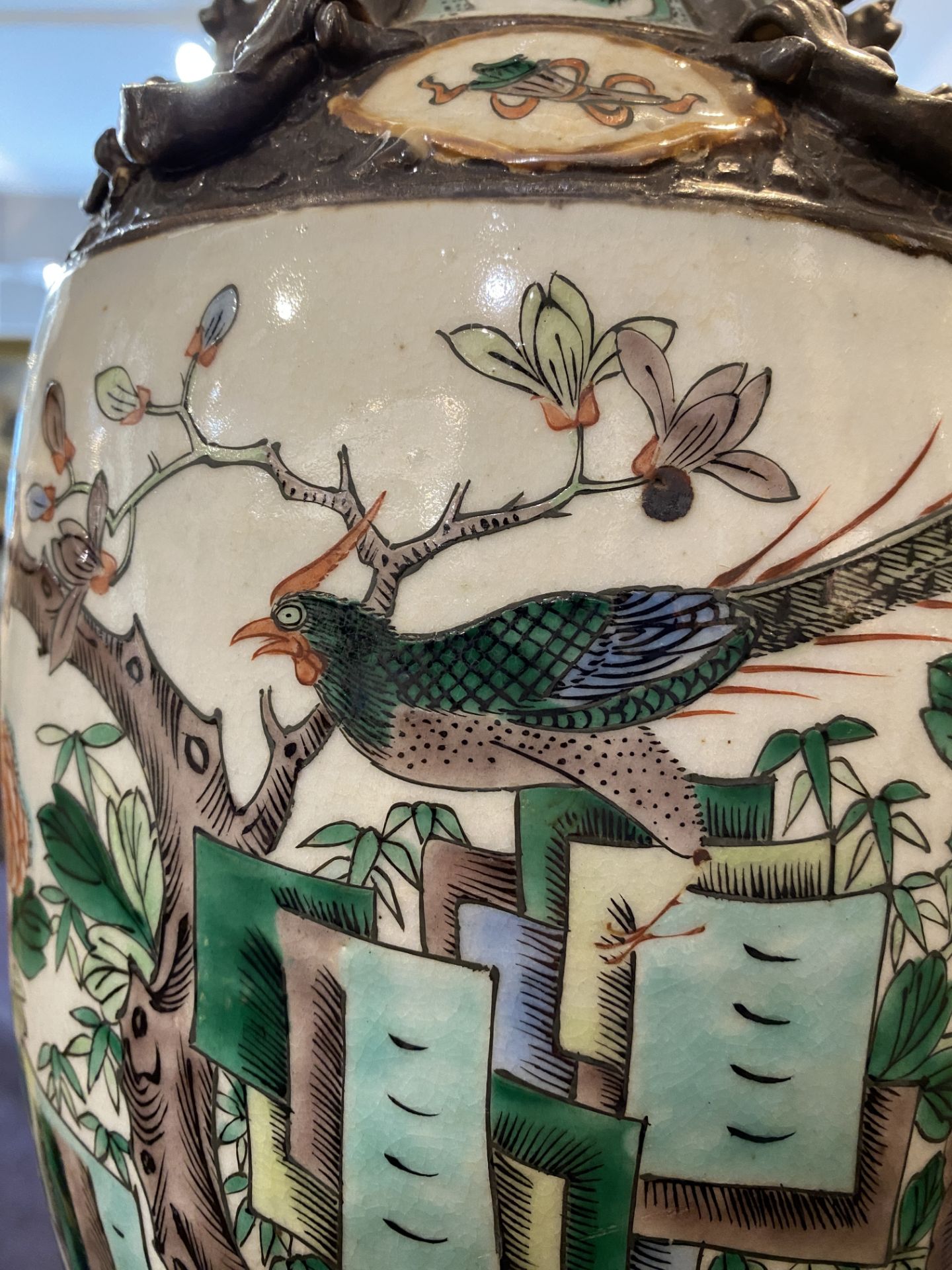 Three Chinese Nanking crackle glazed famille verte vases with birds among blossoming branches, 19th - Image 14 of 15