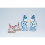 Two polychrome Dutch monkey ewers and two butter tubs with goat-shaped covers, Delft and Makkum, 19t