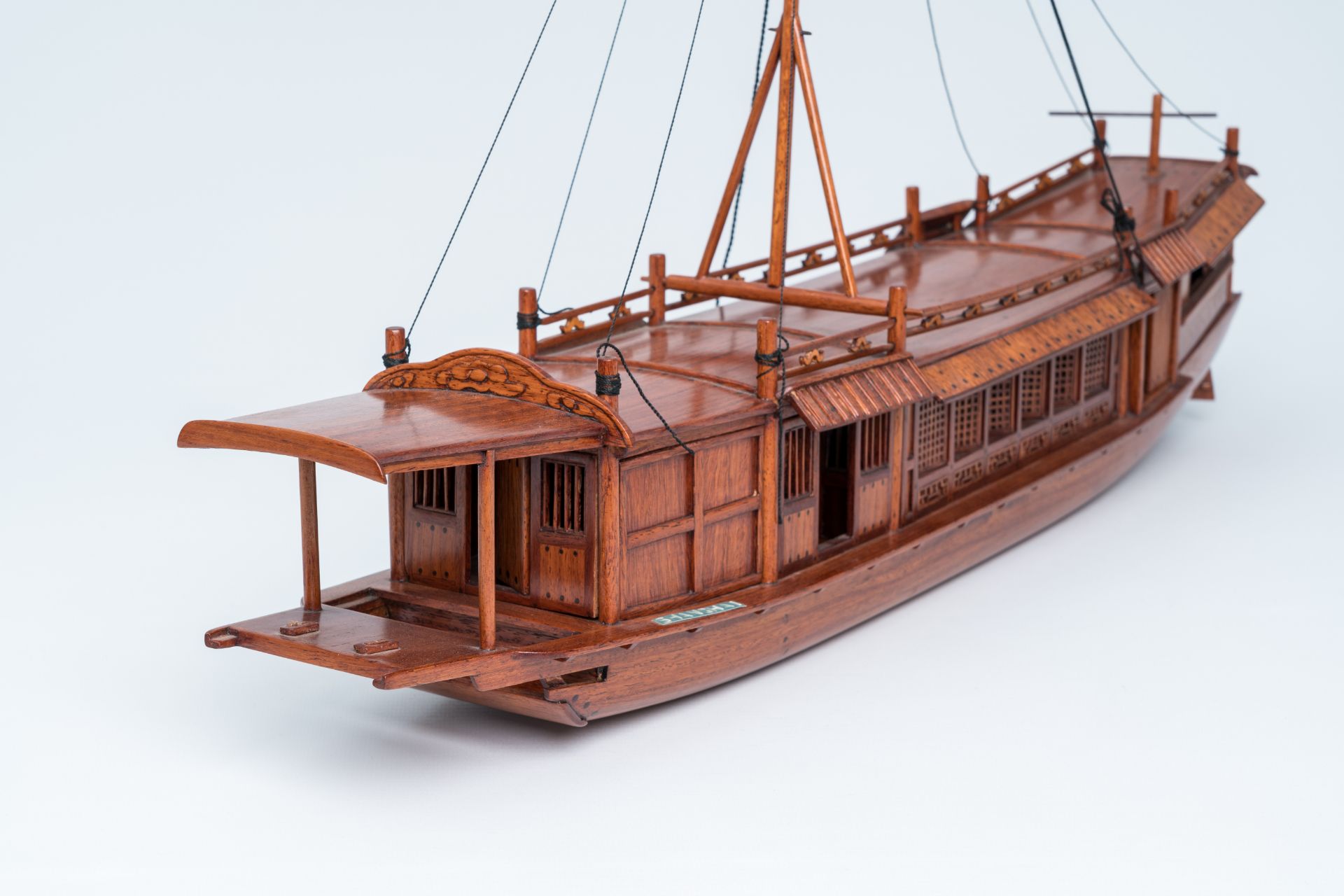 A wood model of a Chinese junk sailing ship, Shanghai, 20th C. - Image 5 of 7