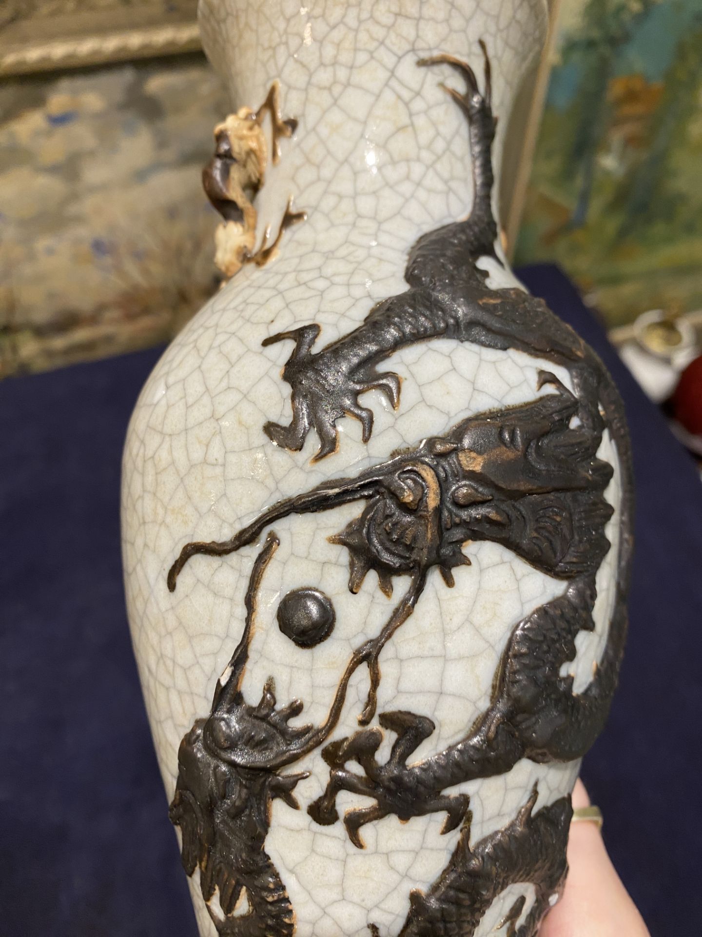 A pair of Chinese Nanking crackle glazed relief decorated 'dragon' vases and a blue and white 'Buddh - Image 16 of 16