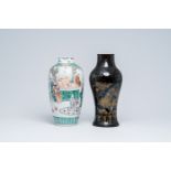 A Chinese famille verte vase with a palace scene and a monochrome black with gilt floral design, Kan