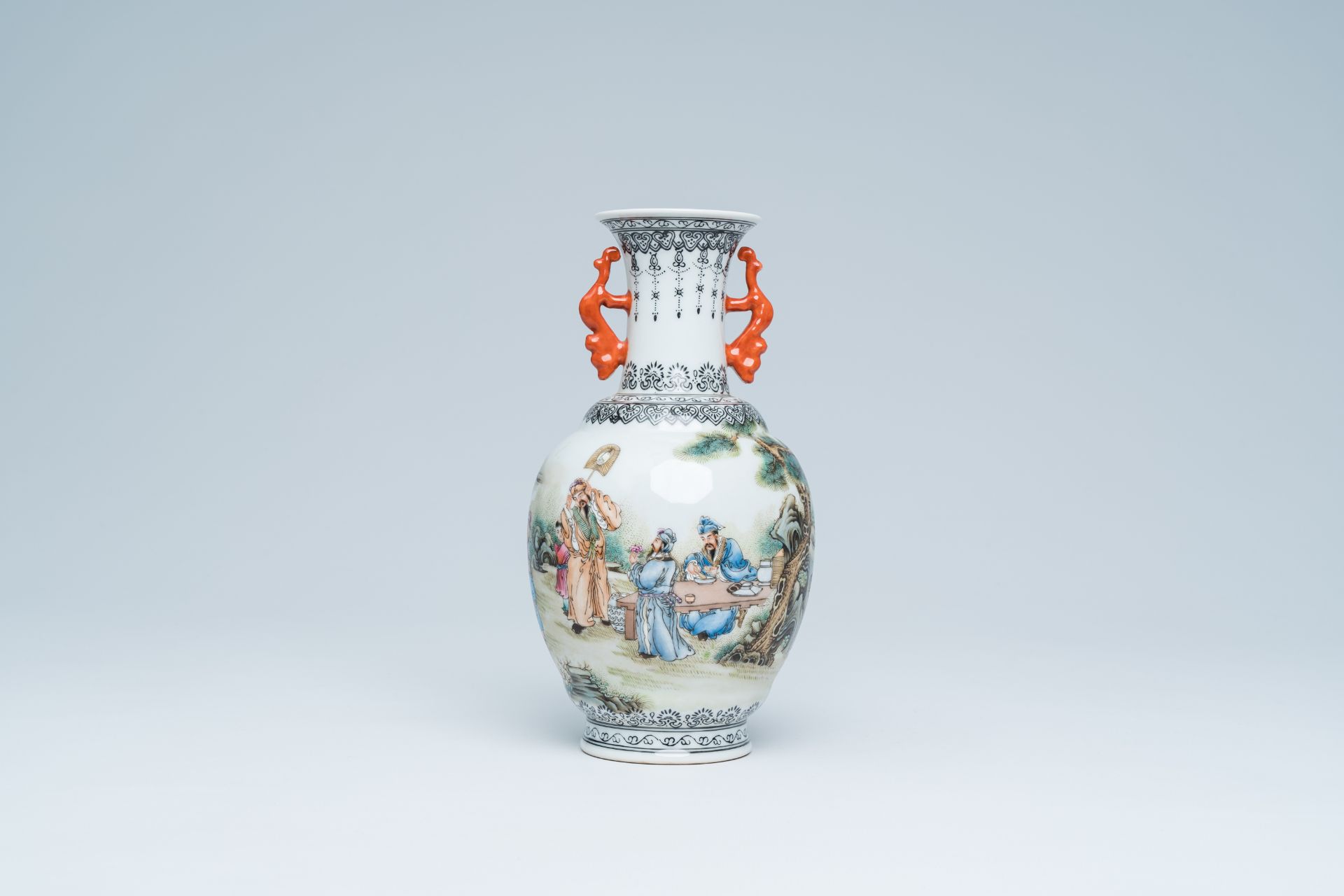A Chinese famille rose vase with sages in a garden, Qianlong mark, 20th C.
