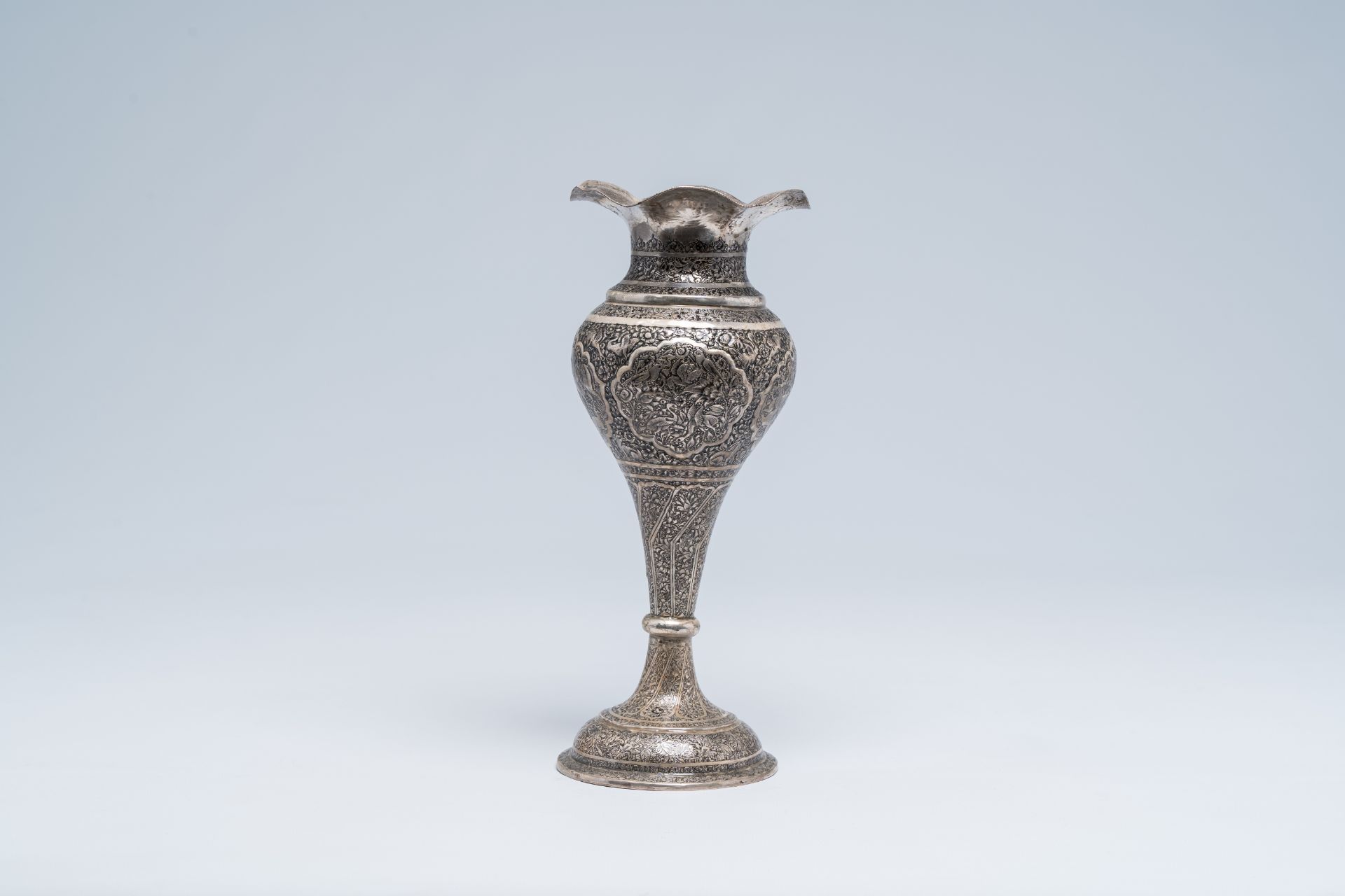 A Persian silver Shiraz vase with animated medallions, floral design and a dedication, Iran, first h - Image 2 of 8