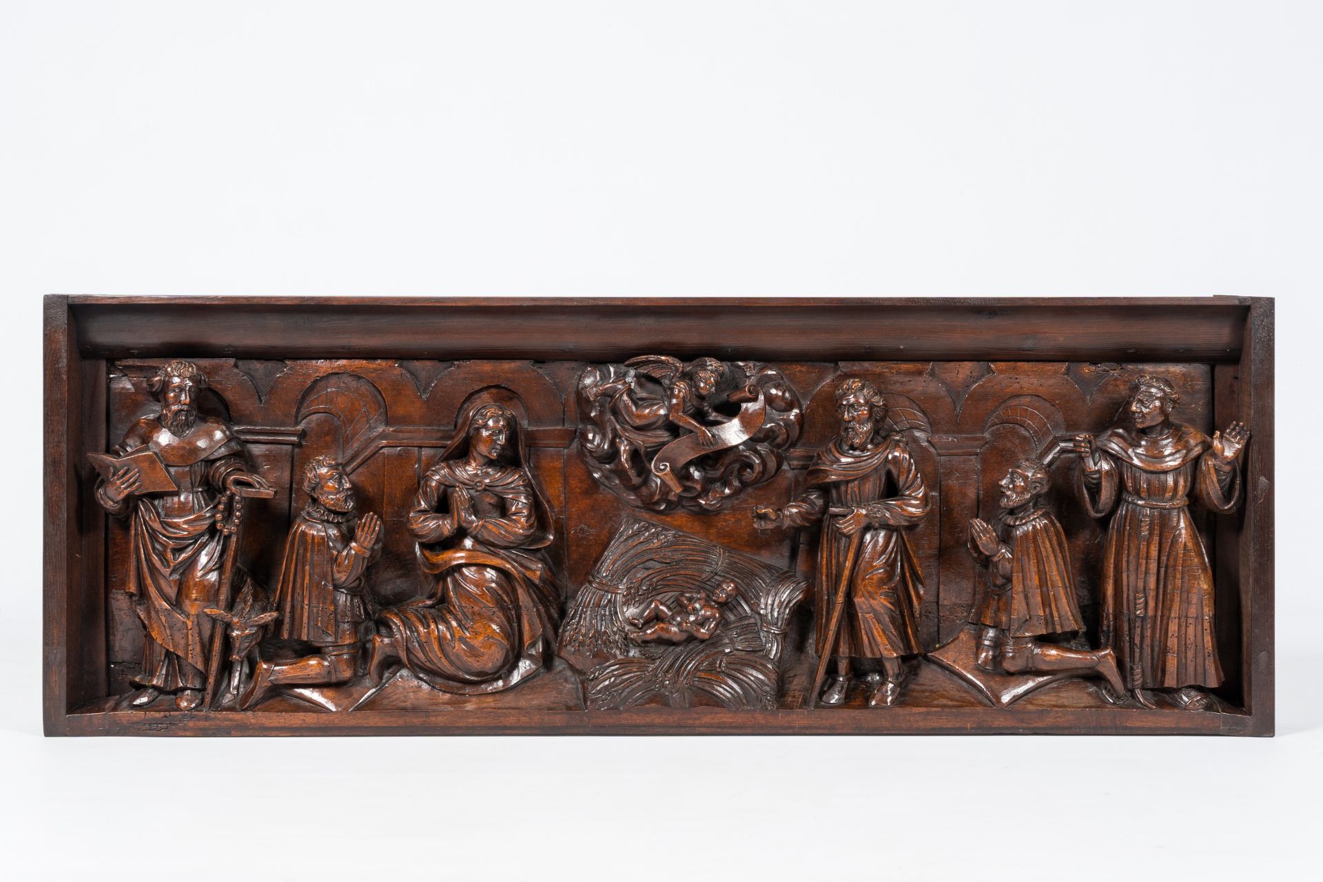 A large Flemish carved wood 'Nativity' panel, 17th C.