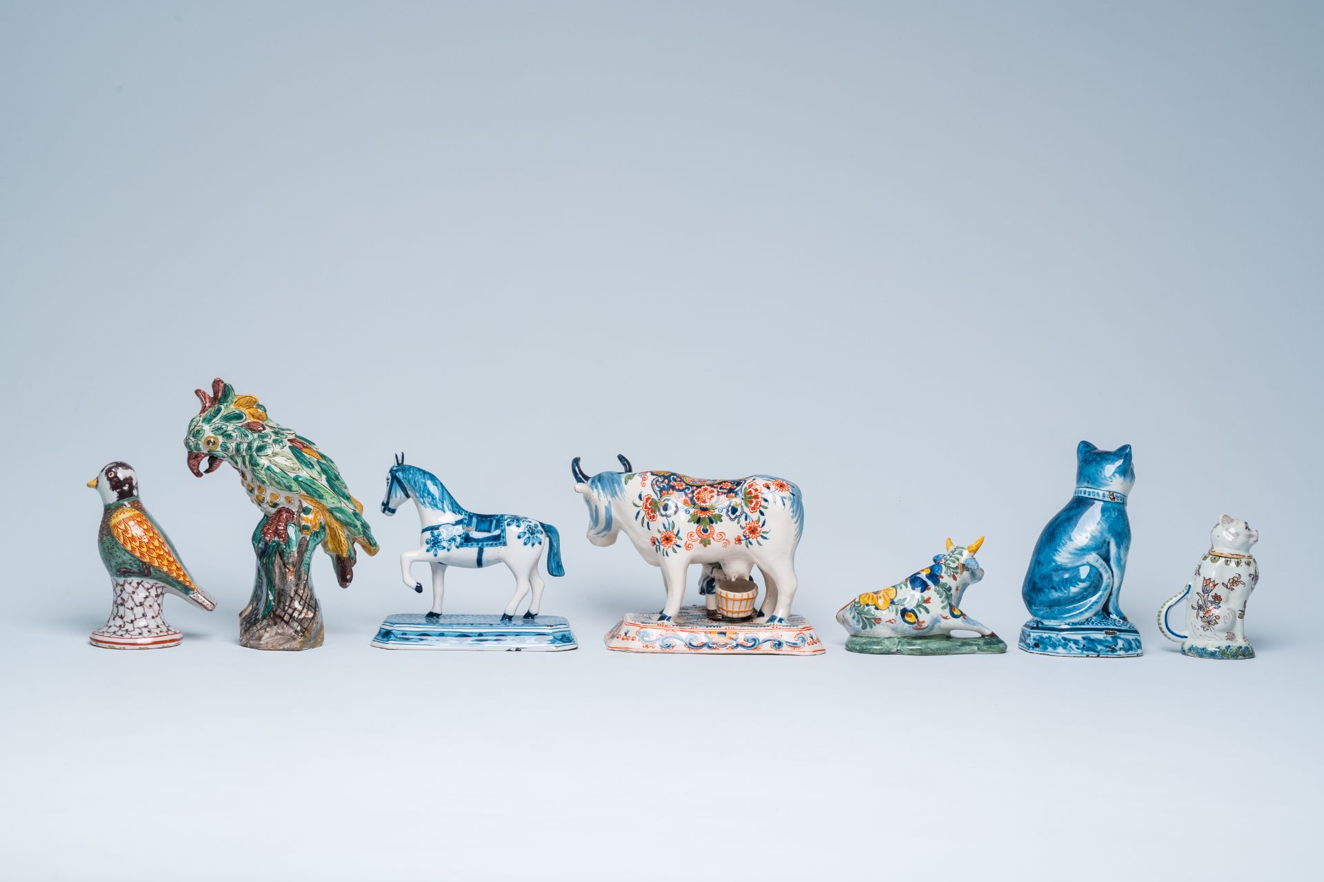 Seven blue, white and polychrome Delft-style animal sculptures, incl. Desvres and Makkum, 19th/20th - Image 3 of 7