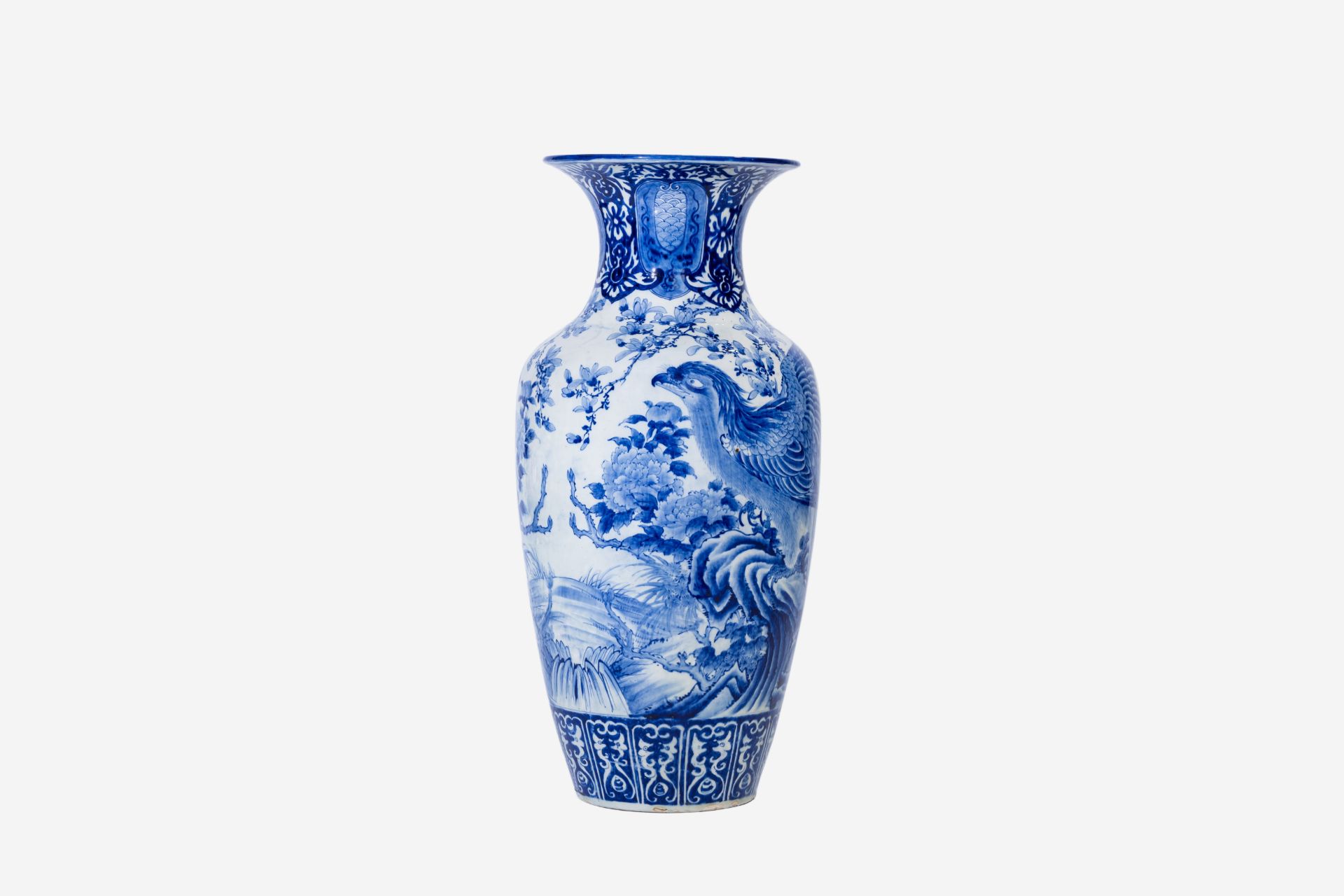 A large Japanese blue and white Arita vase with eagles among blossoming branches, Meiji, ca. 1900 - Image 2 of 6