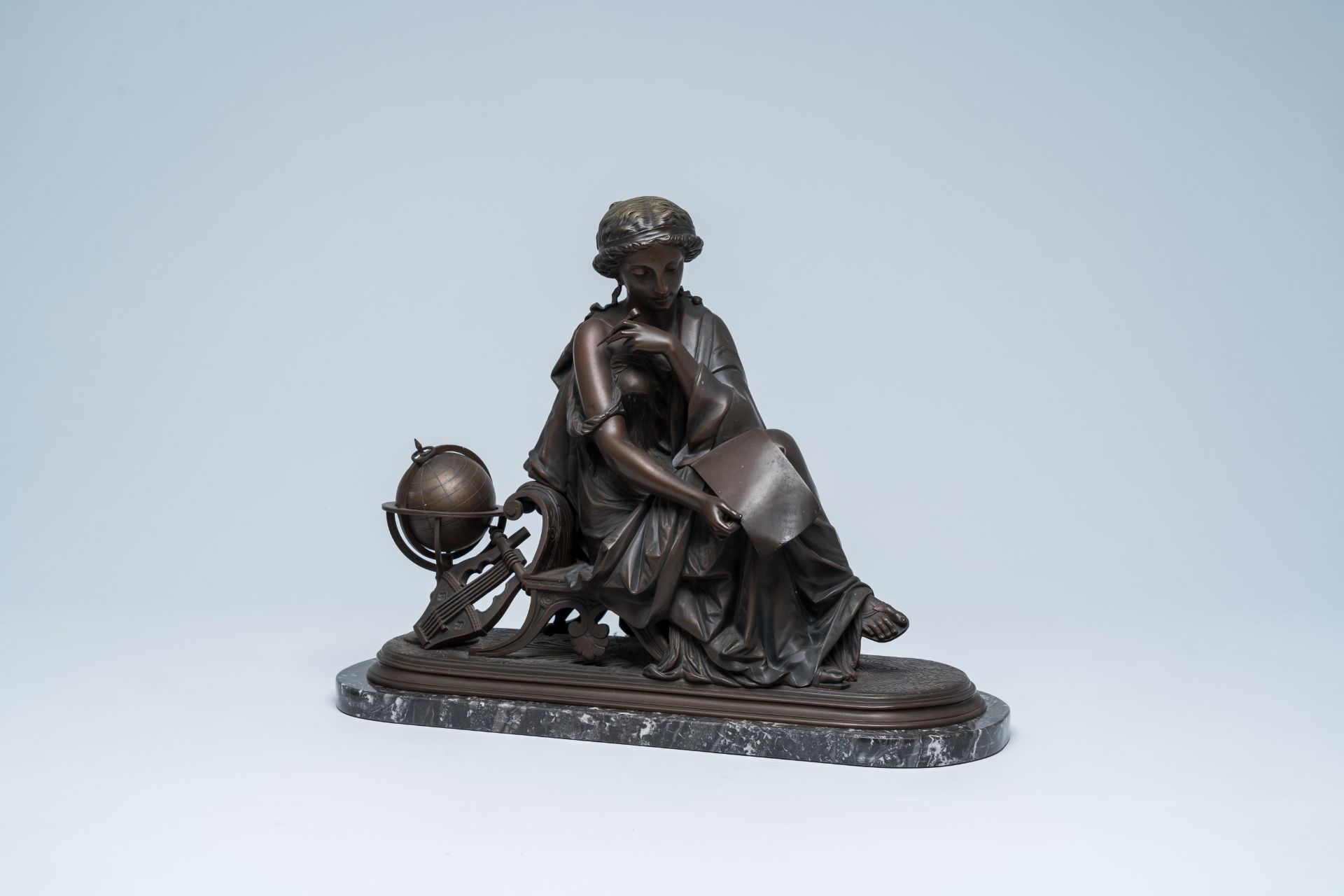 French school: 'Geografia' or the personification of geography, patinated bronze on a black-gray mar