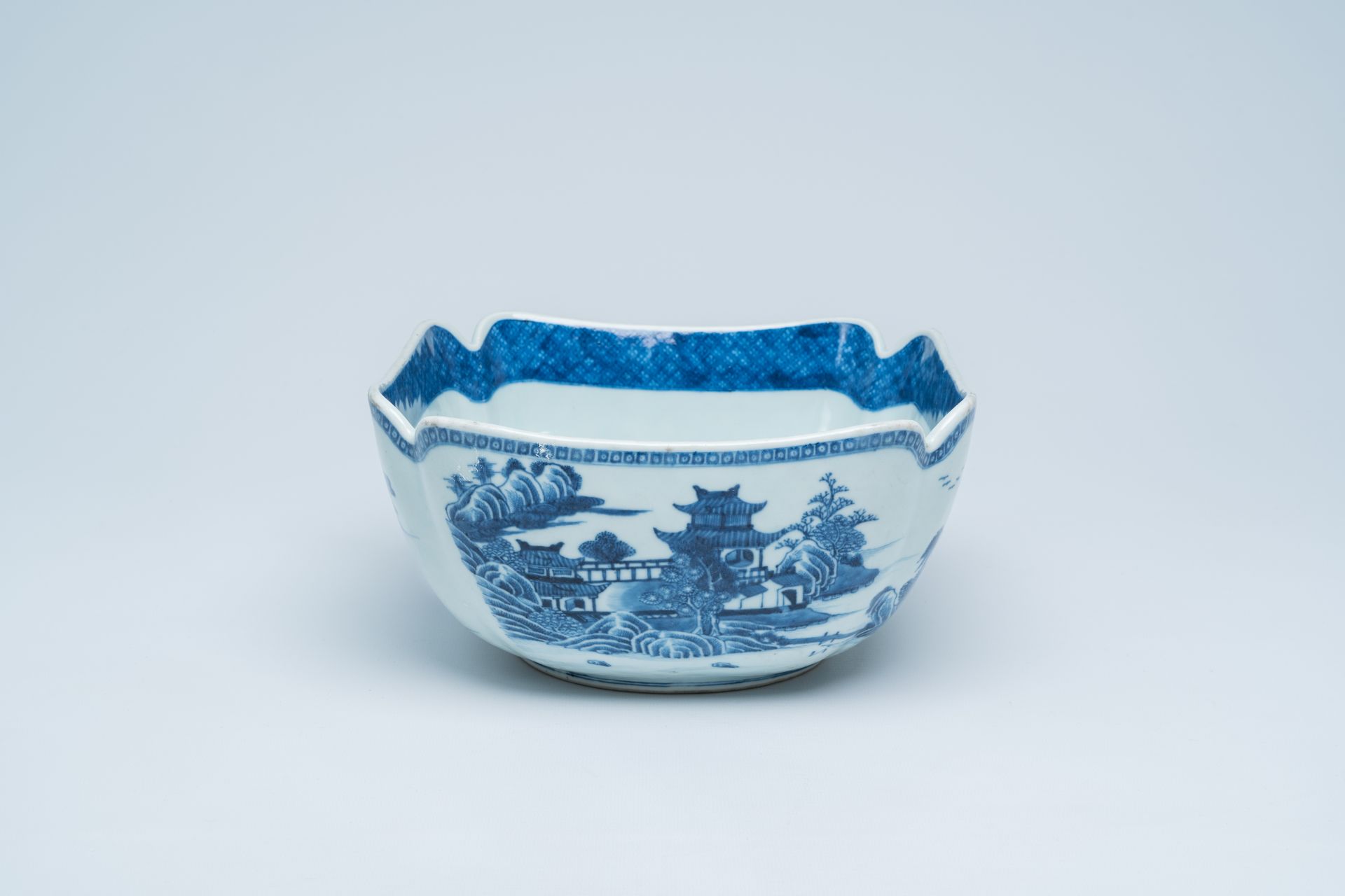 A Chinese blue and white salad bowl with an animated river landscape, 19th C. - Image 2 of 17