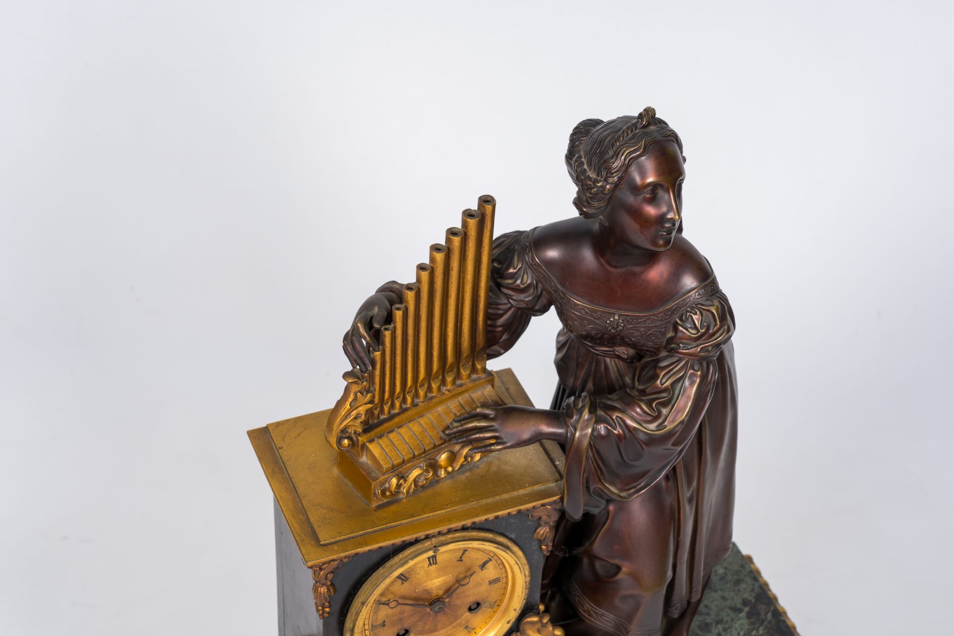 A French patinated and gilt bronze mounted vert de mer marble mantel clock crowned with Saint Cecili - Image 10 of 10
