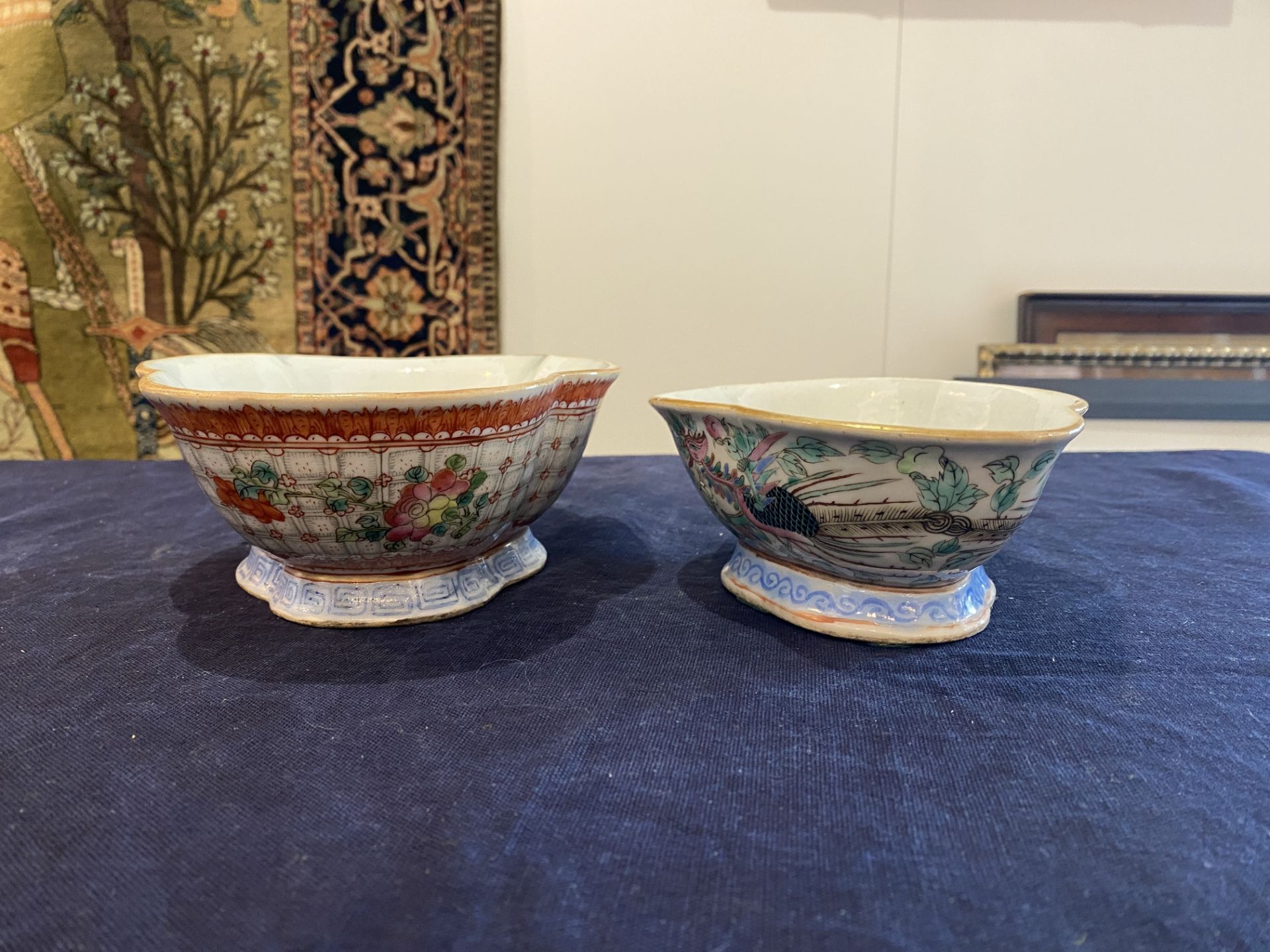 Two lobed Chinese famille rose bowls with phoenixes among blossoming branches and floral design, 19t - Image 10 of 16