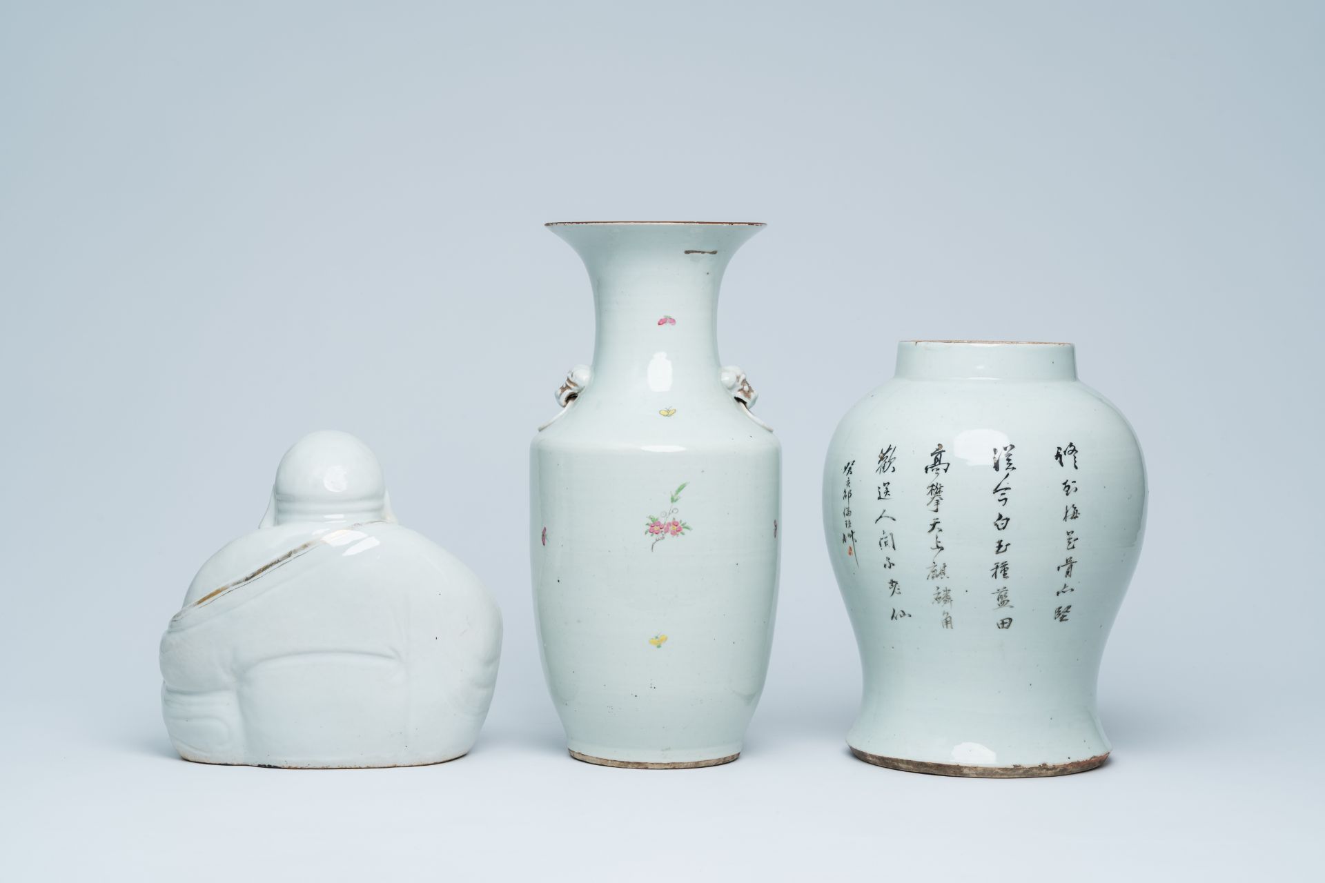 A Chinese white, iron red and gilt porcelain figure of Buddha and two qianjiang cai and famille rose - Image 3 of 23