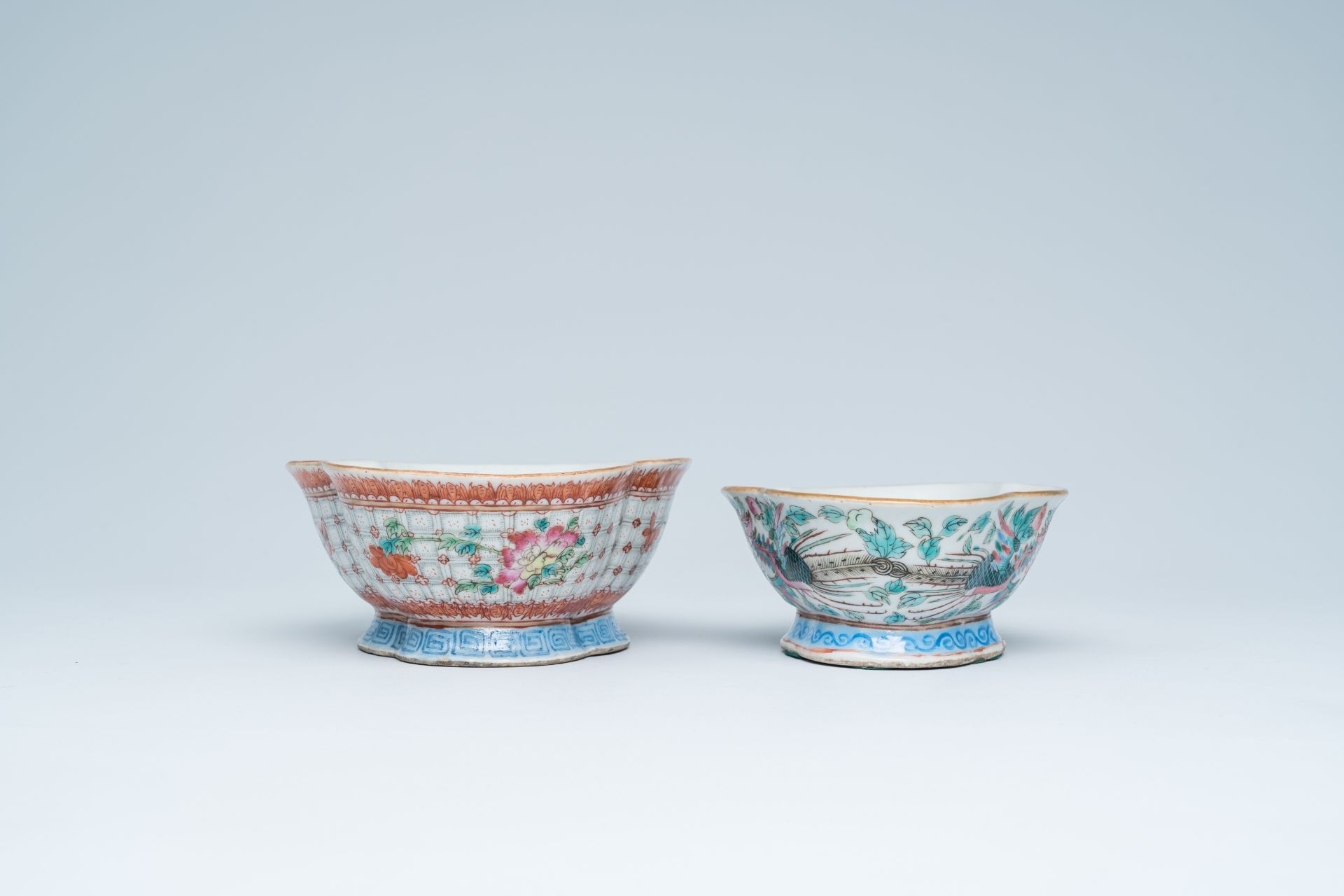 Two lobed Chinese famille rose bowls with phoenixes among blossoming branches and floral design, 19t - Image 5 of 16