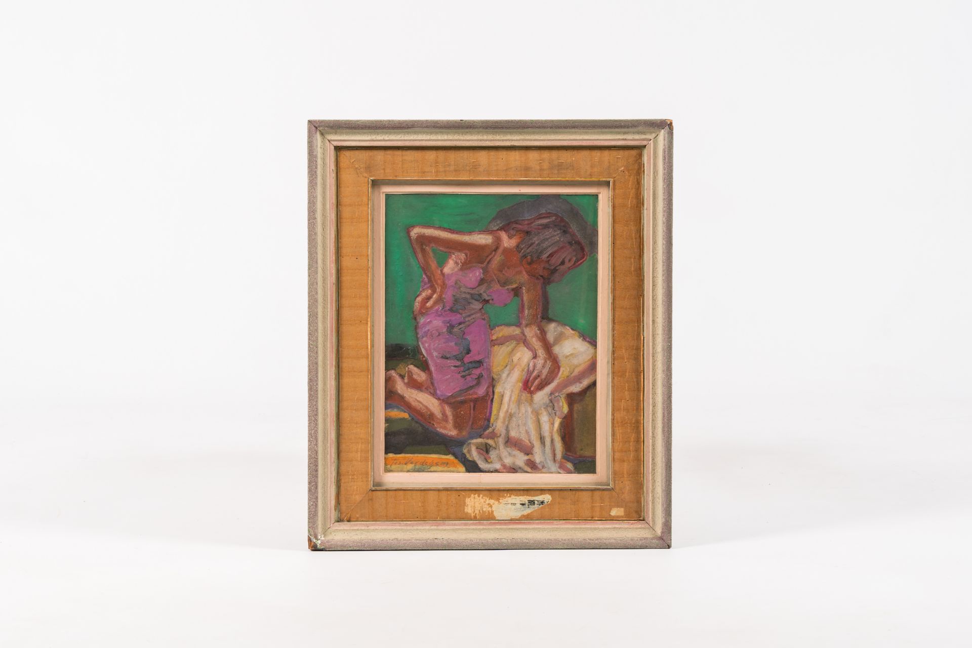 Joseph Verdegem (1897-1957): Kneeling woman with pink dress, gouache on paper - Image 2 of 5