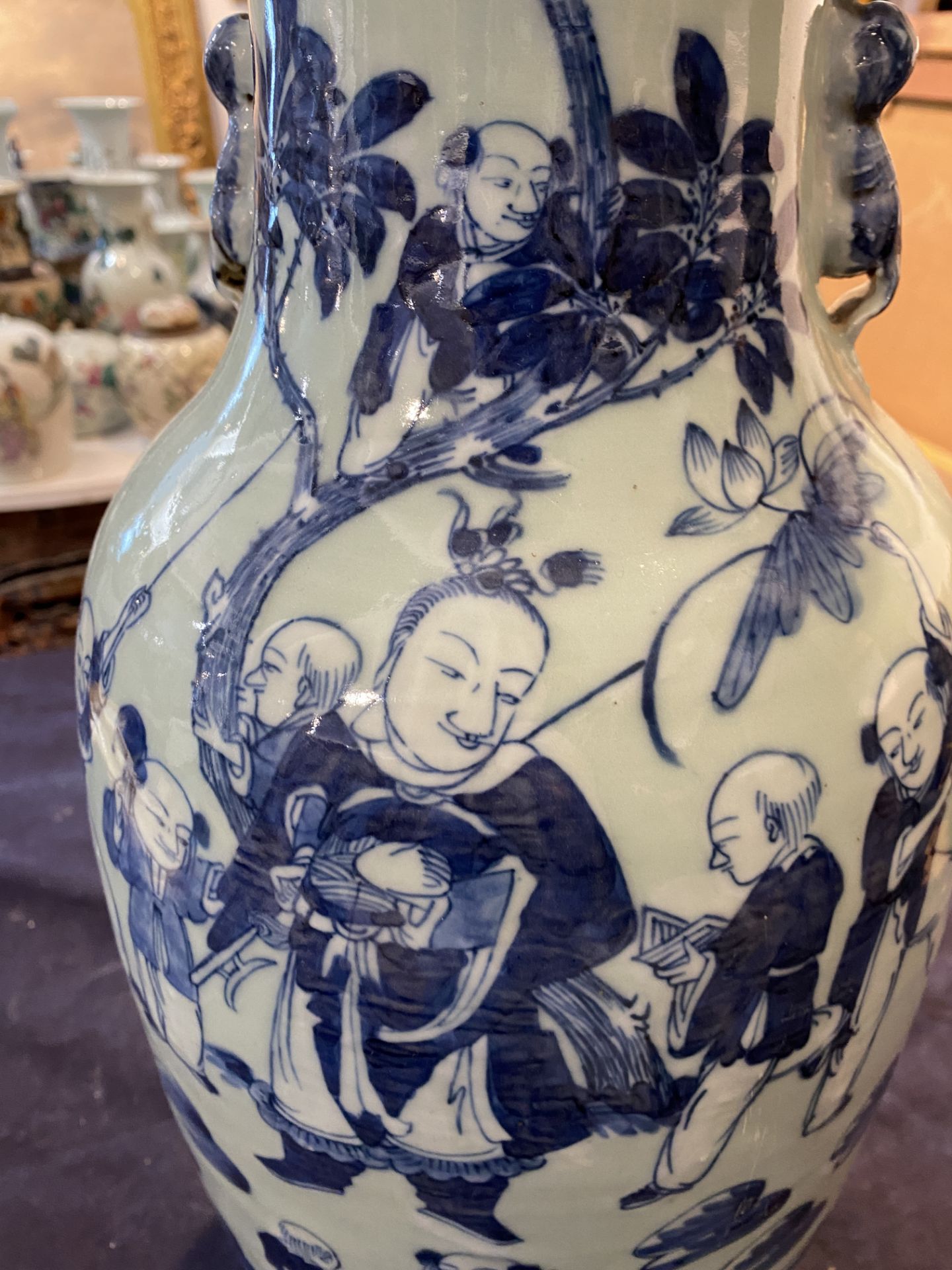 Three Chinese blue and white celadon ground vases with Immortals and their servants in a landscape, - Bild 15 aus 24