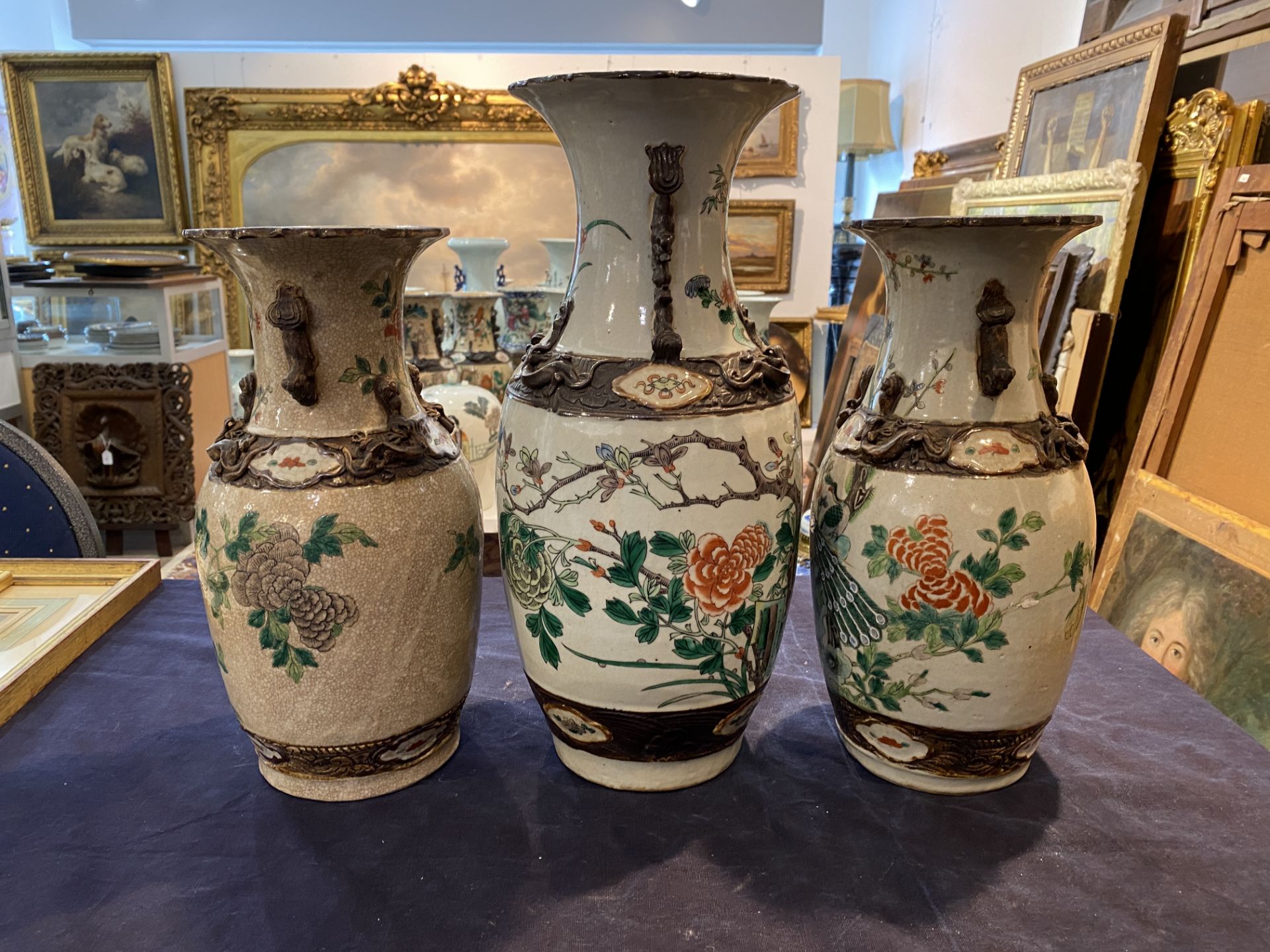 Three Chinese Nanking crackle glazed famille verte vases with birds among blossoming branches, 19th - Image 8 of 15