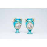 A pair of French gold layered turquoise ground vases with garlands, Sevres mark, 19th/20th C.