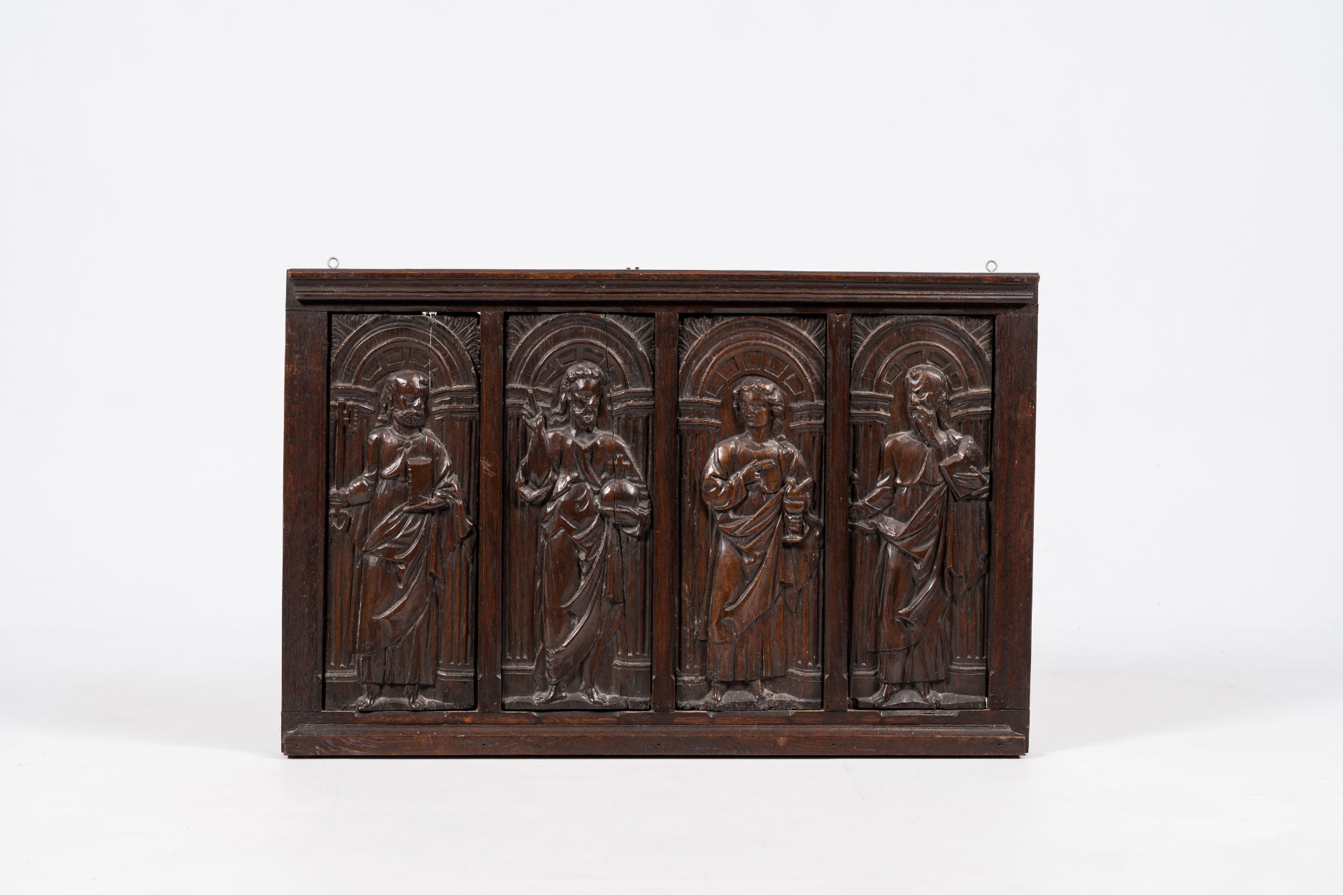 A triple wooden niche relief and a panel with Christ and apostles, 17th/18th C. - Image 2 of 5