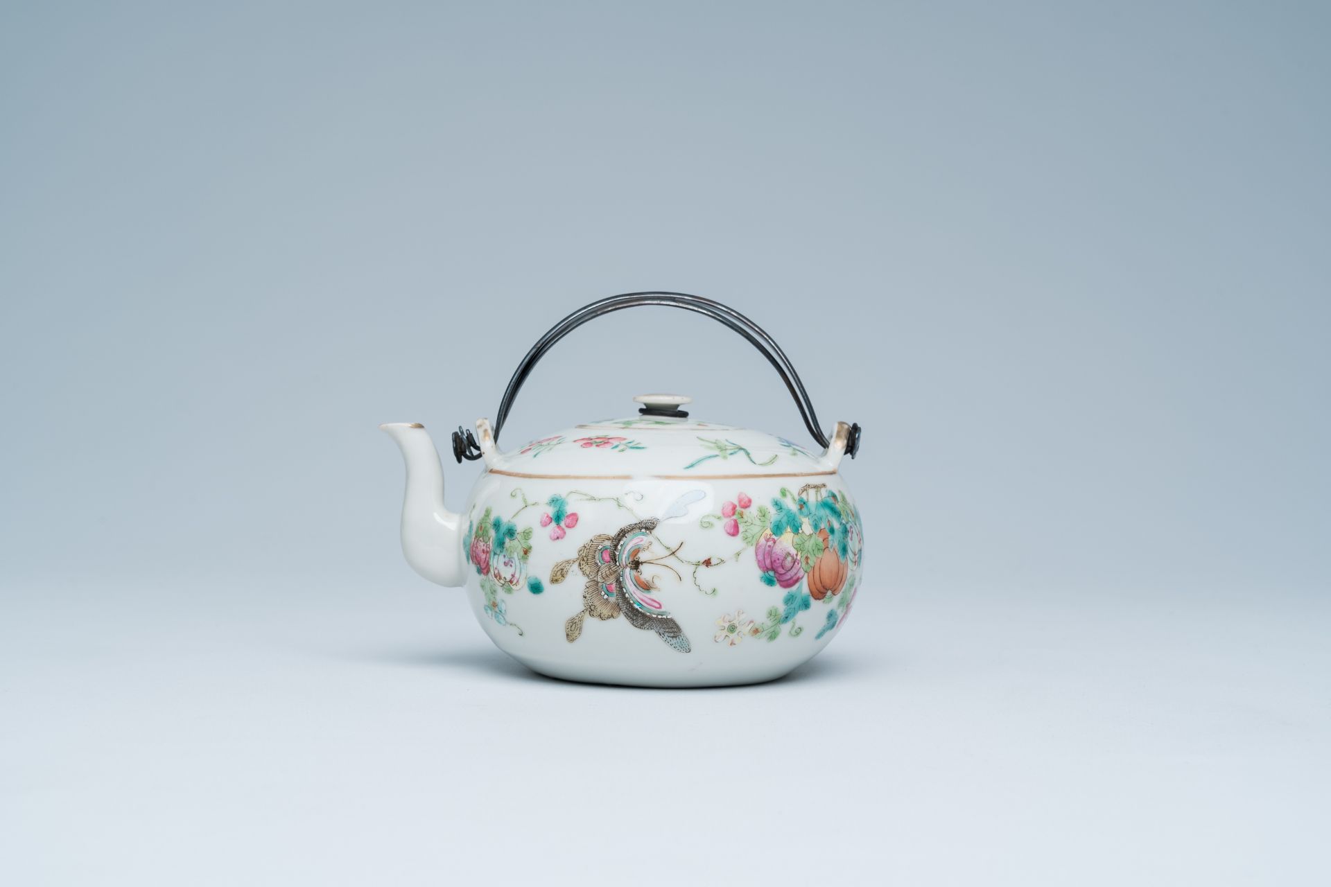 A Chinese famille rose teapot and cover with swallows and butterflies among blossoming branches, 19t - Image 3 of 21