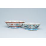 Two lobed Chinese famille rose bowls with phoenixes among blossoming branches and floral design, 19t