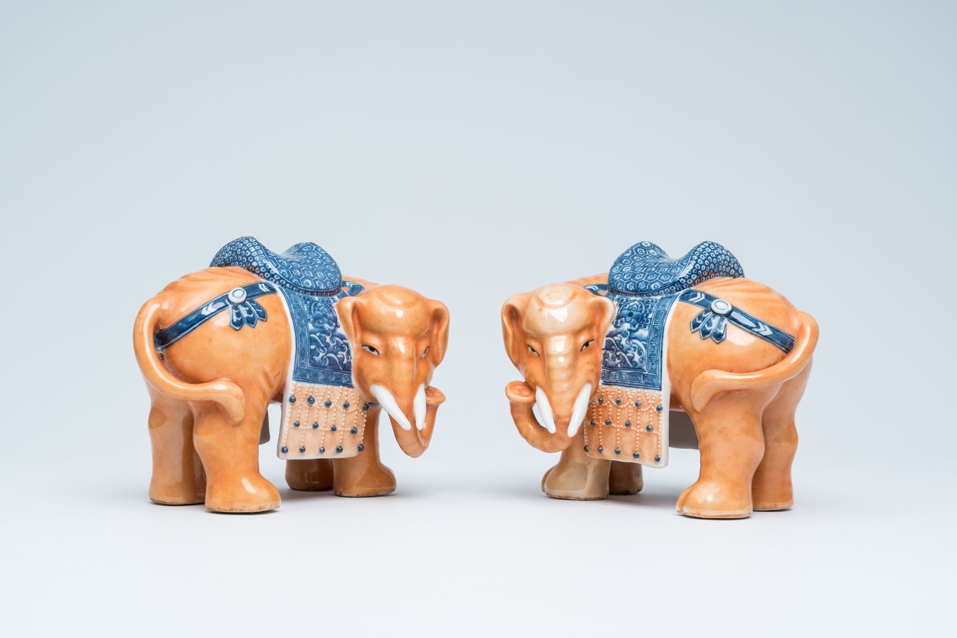 A pair of Chinese polychrome models of elephants, 20th C. - Image 2 of 15